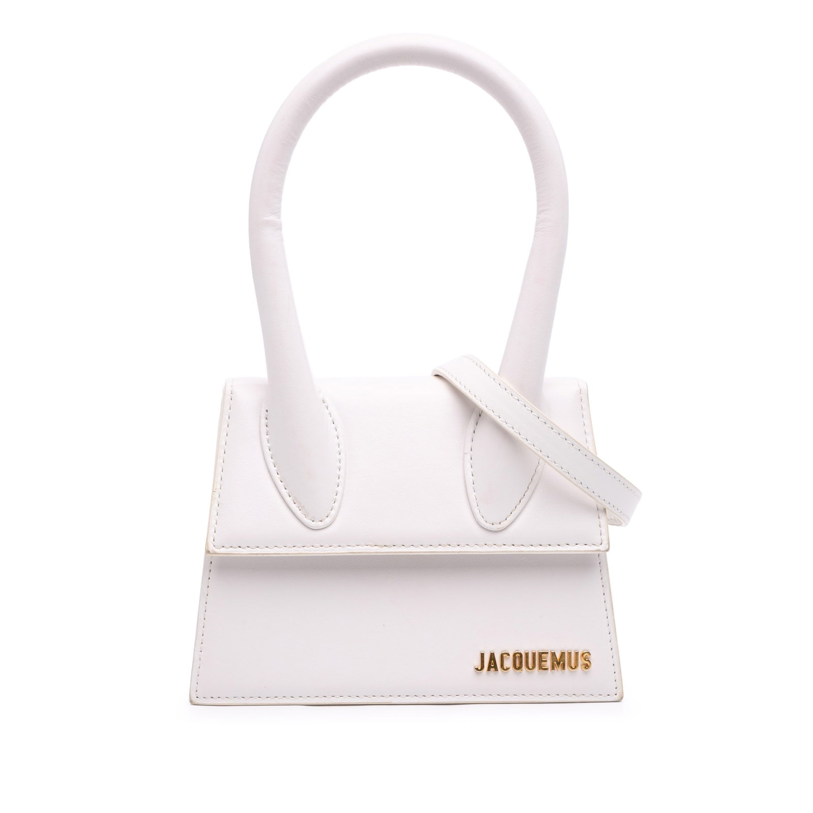 Jacquemus Le Chiquito Moyen White Leather Shoulder Bag: Jacquemus Le Chiquito Moyen White Leather Shoulder Bag Jacquemus Le Chiquito Moyen in white leather with a structured silhouette, rolled top handle, and detachable flat shoulder strap. The design feat