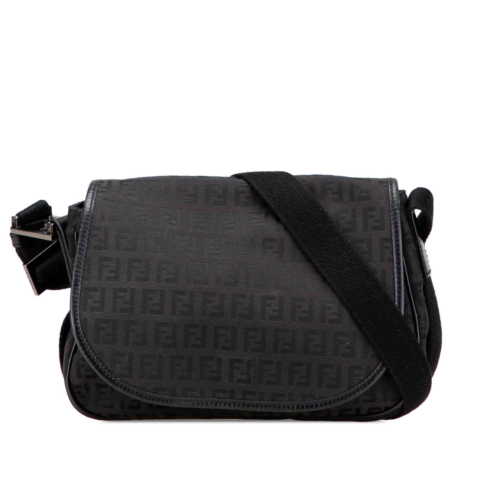 Fendi Zucchino Black Canvas Crossbody Bag with Leather Trim: Fendi Zucchino Black Canvas Crossbody Bag with Leather Trim Fendi Zucchino canvas crossbody bag with leather trim and an adjustable flat strap. The design includes a front flap with magnetic snap clos