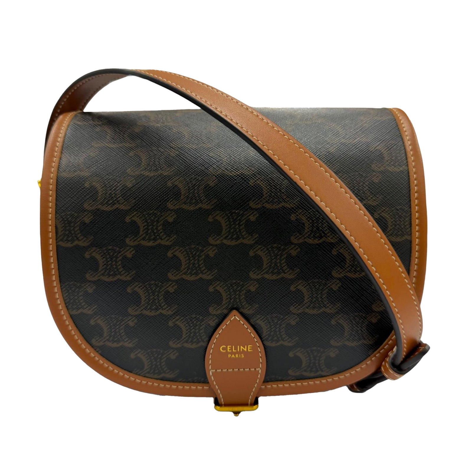 Celine Folco Medium Triomphe Crossbody in Coated Canvas: Celine Folco Medium Triomphe Crossbody in Coated Canvas Celine Medium Triomphe Folco crossbody bag in brown coated canvas with leather trim. This Italian-made bag features an adjustable flat leather s