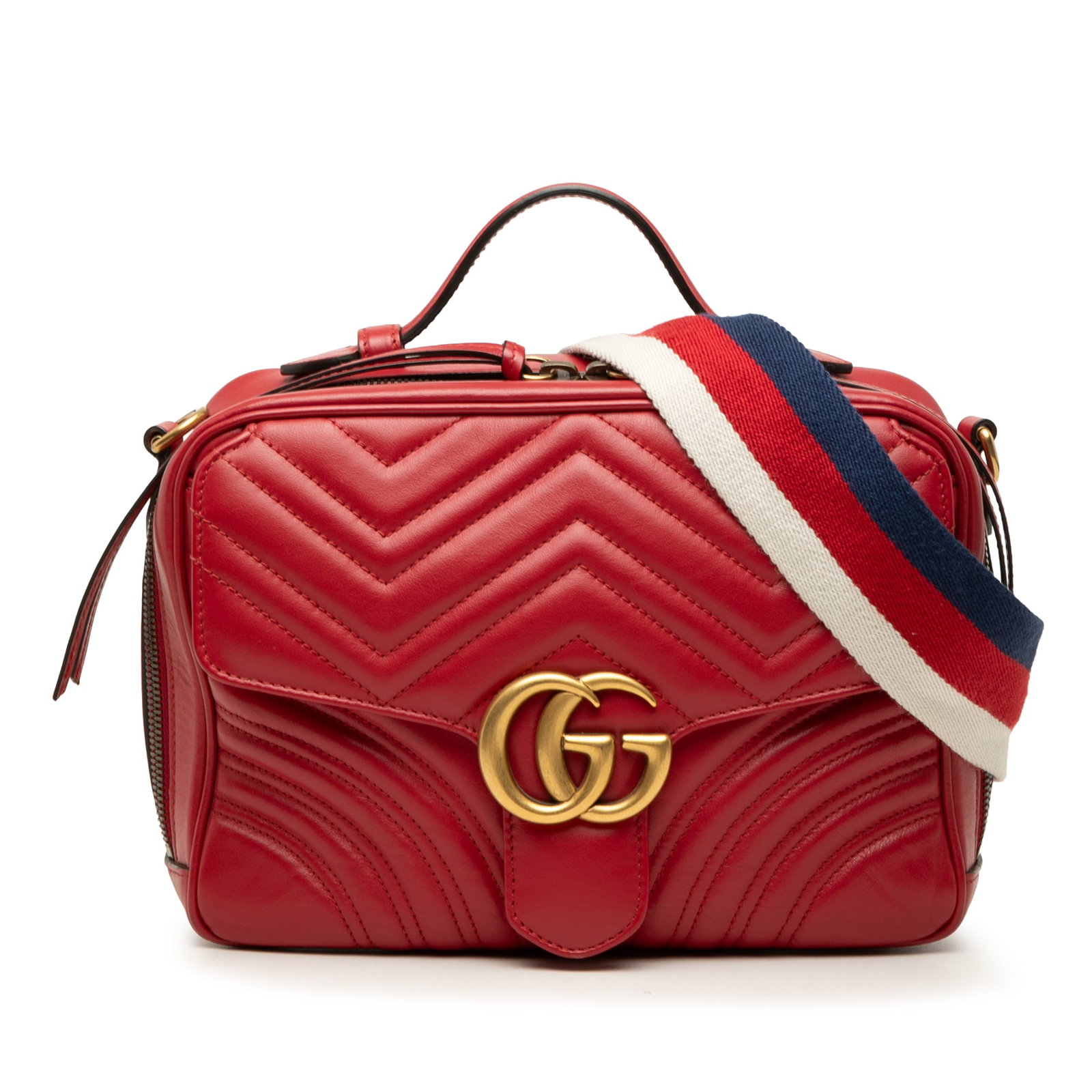 Gucci GG Marmont Small Red Leather Top Handle Bag: Gucci GG Marmont Small Red Leather Top Handle Bag A Gucci Small GG Marmont matelasse leather top handle satchel in red. This satchel features a quilted leather body, a flat leather top handle, a detac