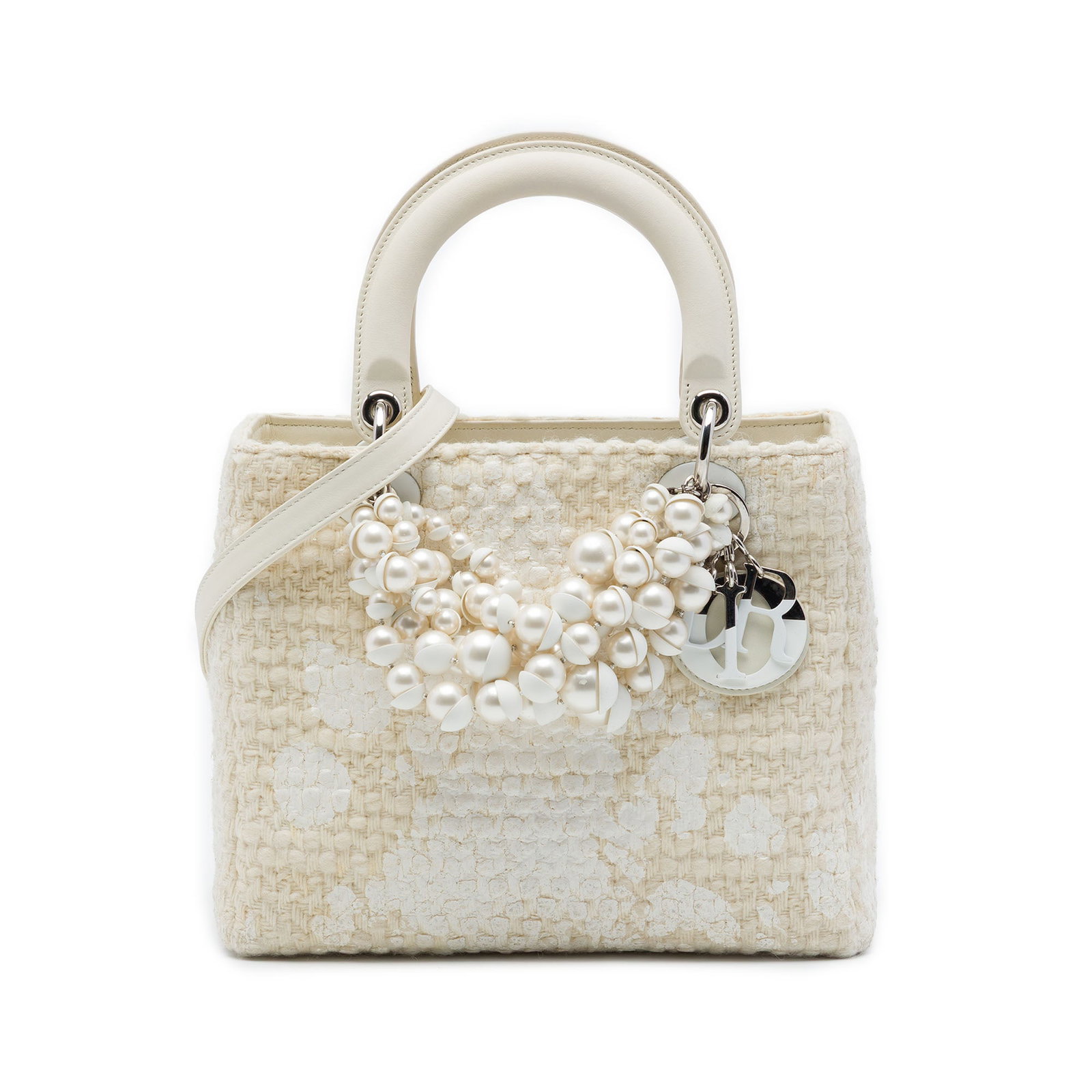 Dior Lady Dior Medium Tweed Handbag with Pearl Details: Dior Lady Dior Medium Tweed Handbag with Pearl Details Medium Lady Dior handbag in brown tweed with pearl details. It features flat leather handles, a detachable flat leather shoulder strap, a top zip