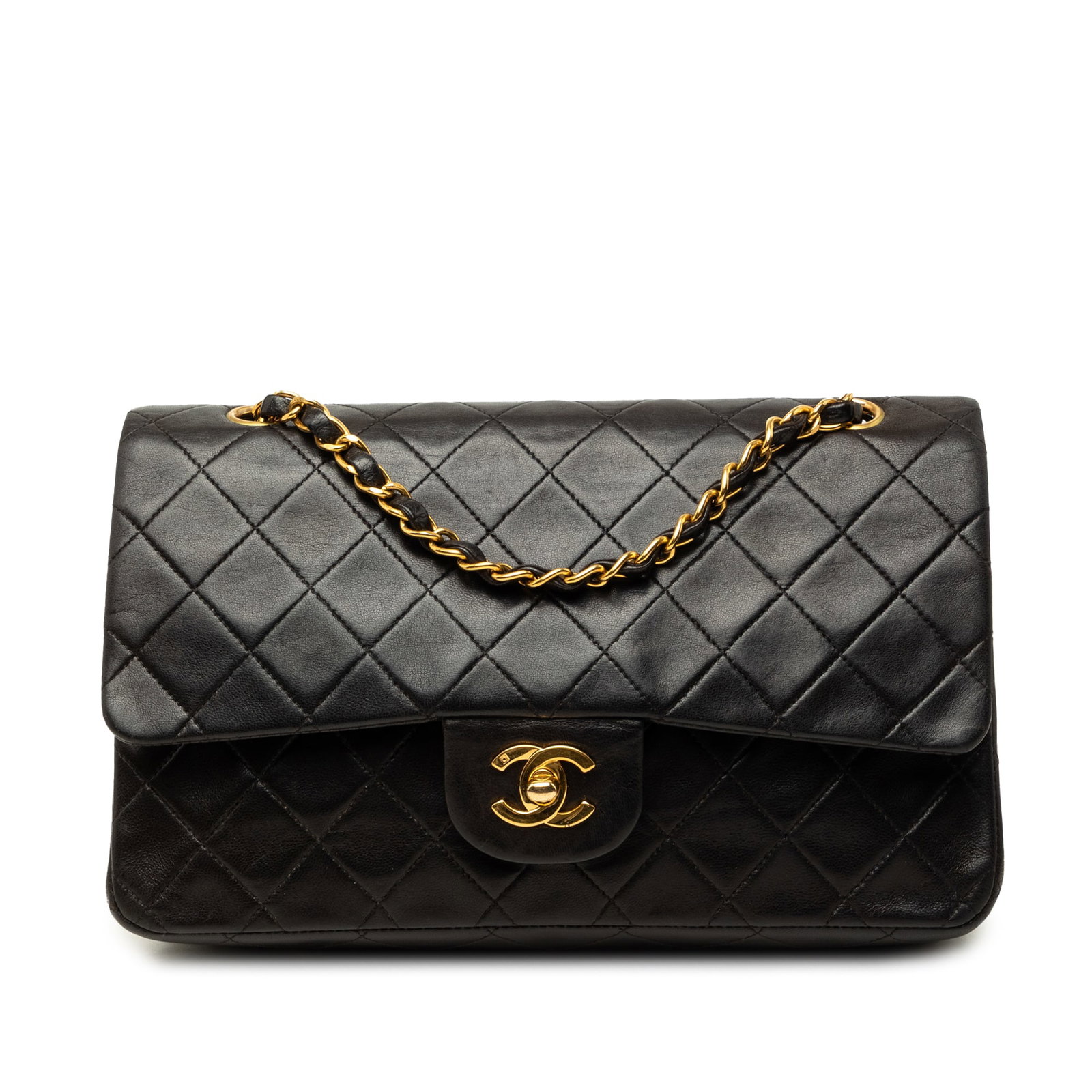 Chanel Medium Classic Double Flap Shoulder Bag Black Lambskin: Chanel Medium Classic Double Flap Shoulder Bag Black Lambskin A Chanel Medium Classic Lambskin Double Flap shoulder bag crafted in black quilted lambskin. It features leather-woven chain straps, doubl