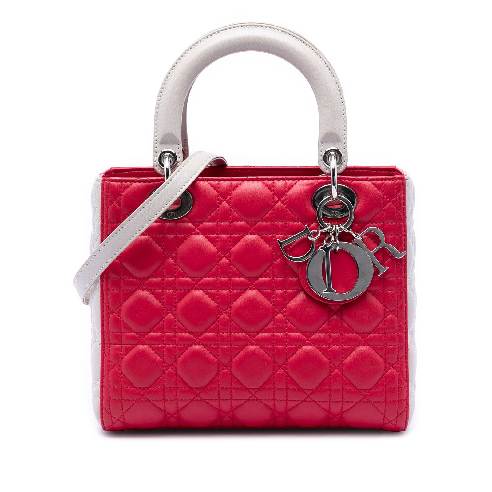 Dior Lady Dior Medium Cannage Bicolor Lambskin Bag: Dior Lady Dior Medium Cannage Bicolor Lambskin Bag Medium Lady Dior bag in pink bicolor lambskin leather with Cannage quilting. It features flat leather top handles, a detachable flat leather shoulder