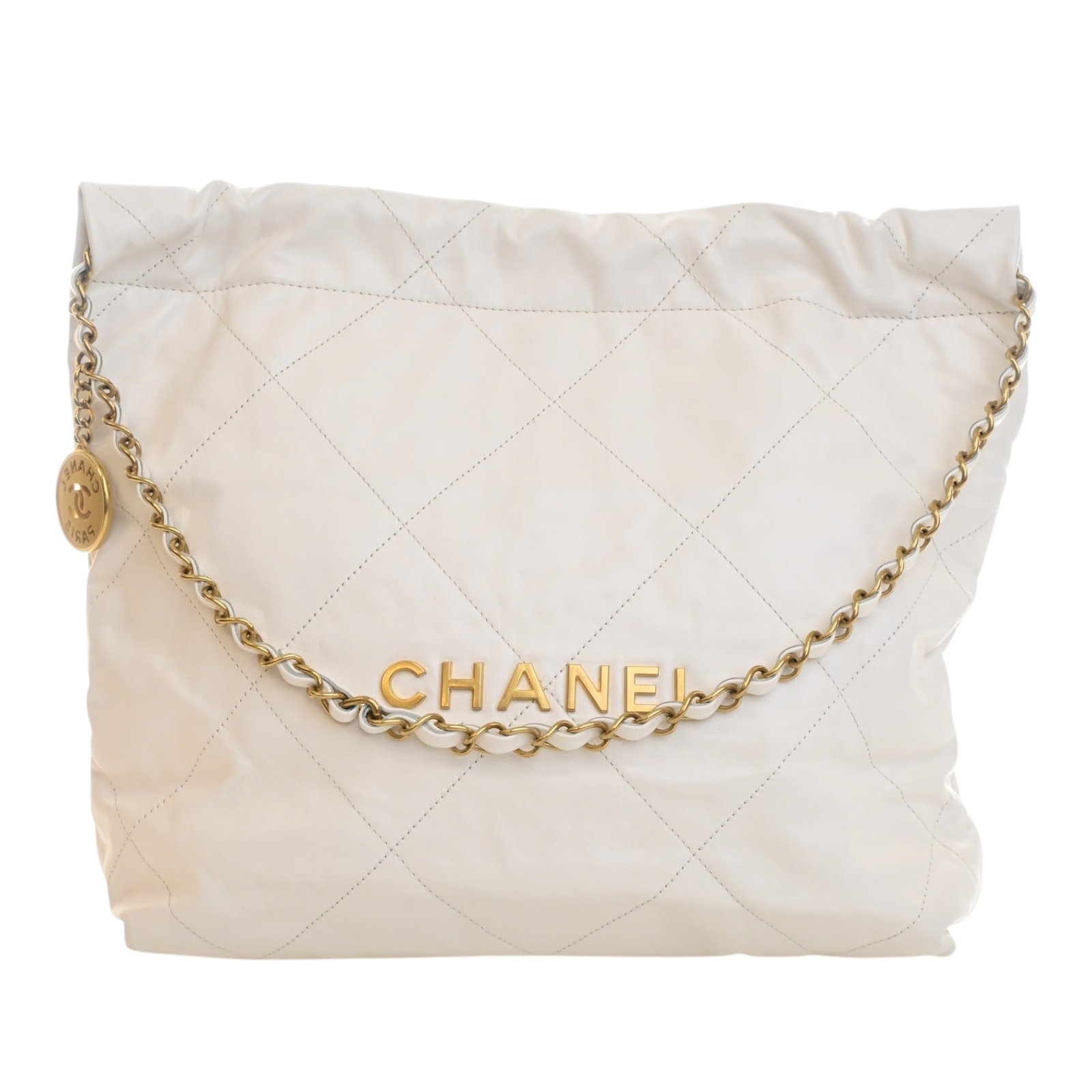 Chanel 22 Small Shoulder Bag in White Quilted Shiny Calfskin: Chanel 22 Small Shoulder Bag in White Quilted Shiny Calfskin Small Chanel 22 handbag crafted in quilted shiny calfskin leather with leather-woven chain shoulder straps, a snap button closure, and an i