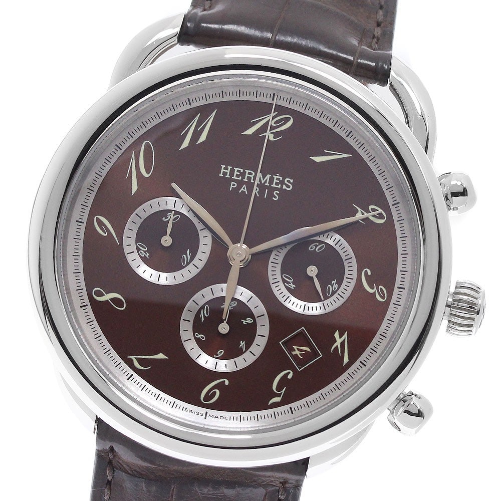 Hermes Arceau AR4.910 mens automatic chronograph wristwatch: Hermes Arceau AR4.910 mens automatic chronograph wristwatch Hermes Arceau Chronograph automatic men's wristwatch with a brown dial, stainless steel case, and leather strap. This watch features a date 