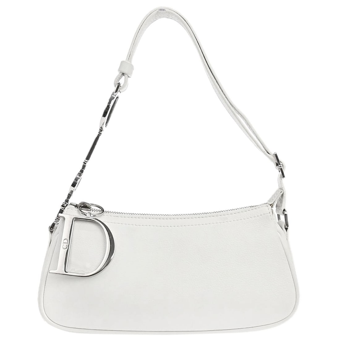 Dior medium white leather top handle bag zip closure: Dior medium white leather top handle bag zip closure Christian Dior white leather handbag with a zip closure and shoulder strap. Made in Italy, this medium top handle bag features one interior pocket.