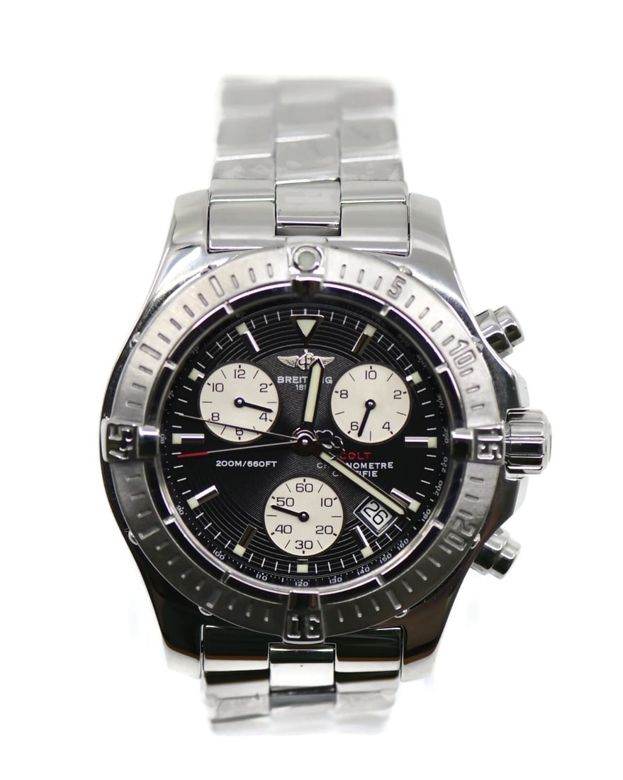 Breitling Colt A73380 Chronograph Stainless Steel Watch with Box: Breitling Colt A73380 Chronograph Stainless Steel Watch with Box This Breitling Colt Chronograph Stainless Steel Watch, model A73380, combines elegance with precision. Featuring a striking black dial,