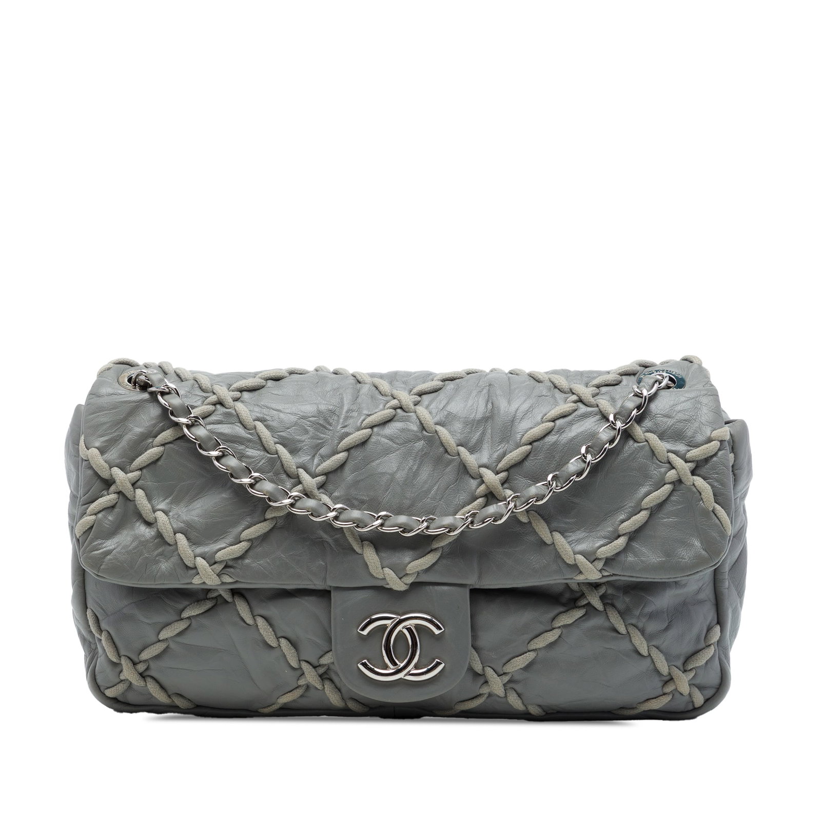 Chanel Ultra Stitch Medium Flap Shoulder Bag Gray Crinkled Calfskin: Chanel Ultra Stitch Medium Flap Shoulder Bag Gray Crinkled Calfskin A Chanel Medium Quilted Crinkled Calfskin Ultra Stitch Flap shoulder bag crafted in gray leather. It features a quilted leather body