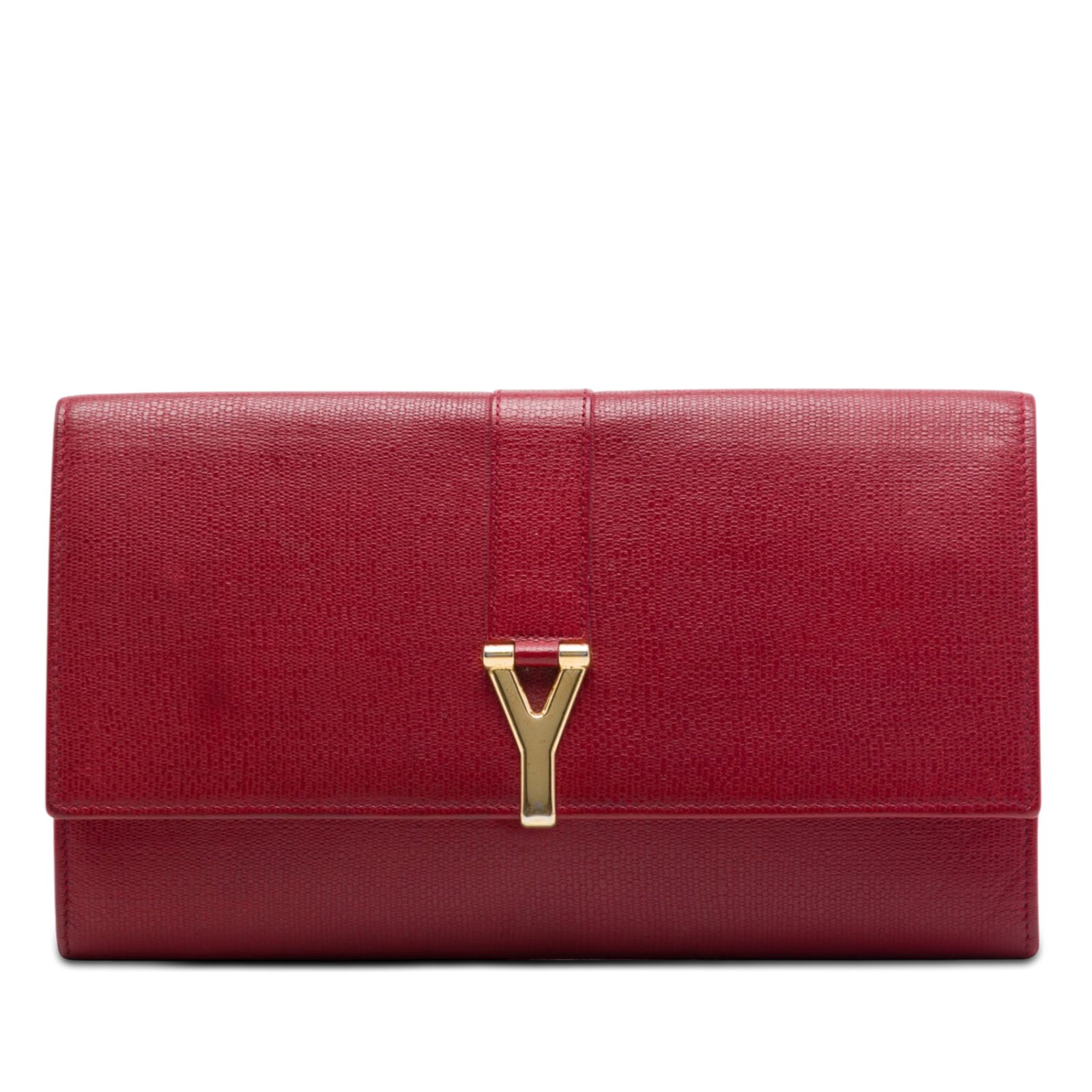 Saint Laurent Chyc Ligne red textured leather clutch: Saint Laurent Chyc Ligne red textured leather clutch A Saint Laurent Chyc Ligne clutch crafted in textured red leather with the line's distinctive gold-tone Y hardware at the front flap. The interior 
