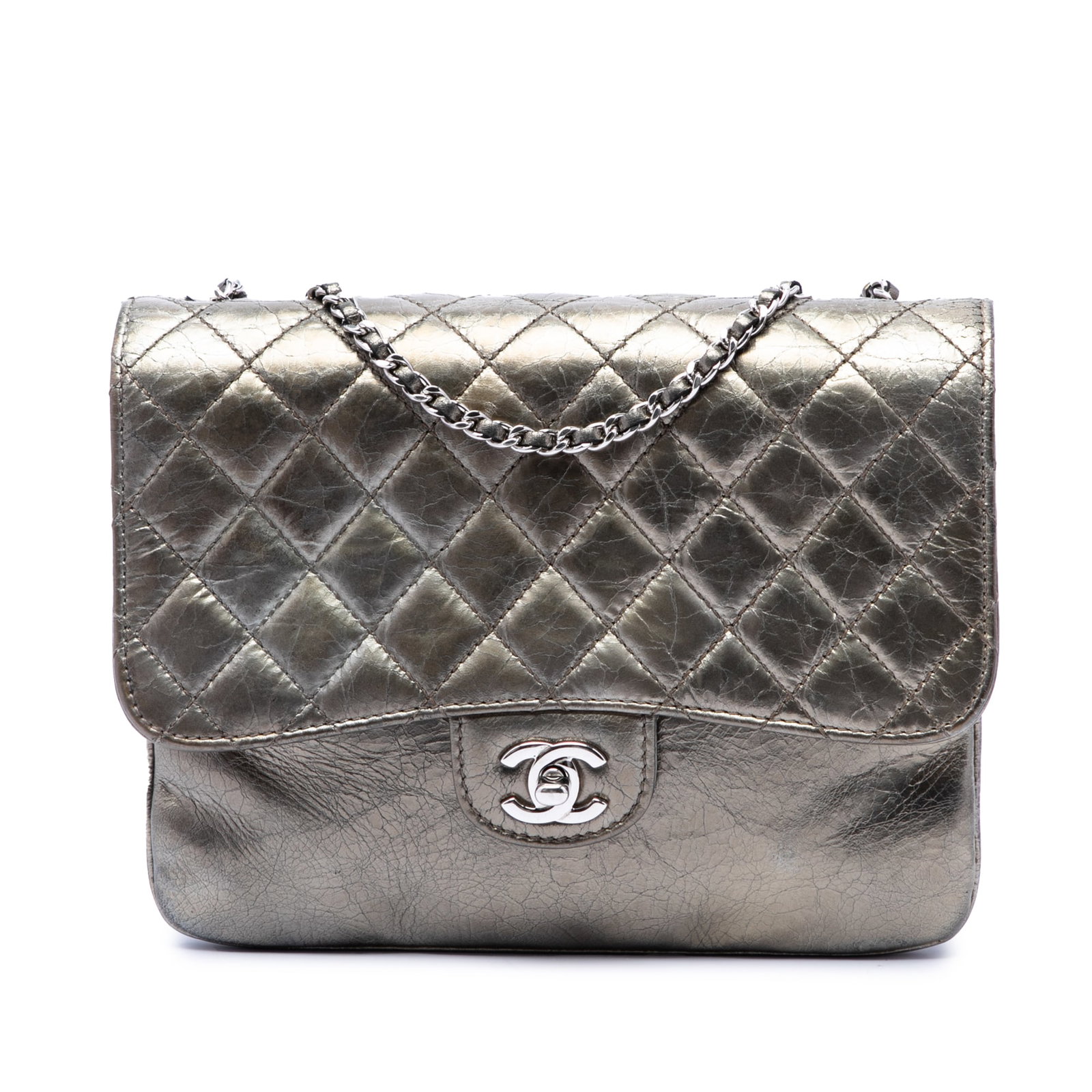 Chanel Clams Pocket Flap Medium Metallic Crackled Calfskin Shoulder Bag: Chanel Clams Pocket Flap Medium Metallic Crackled Calfskin Shoulder Bag A Chanel shoulder bag in gray metallic crackled quilted leather with a classic flap silhouette. It features leather-woven chain 