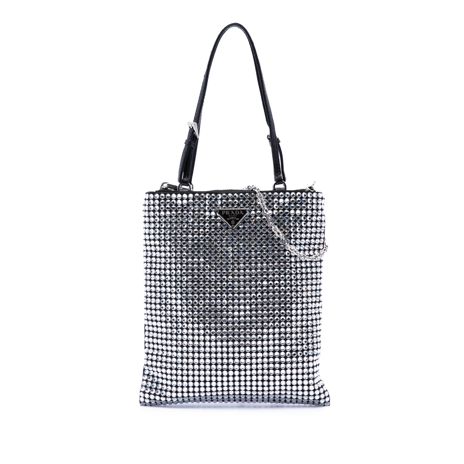 Prada Satin Crystal Chain Tote Bag Black Fabric: Prada Satin Crystal Chain Tote Bag Black Fabric A Prada satin tote with crystal embellishments and a chain strap, finished in black. The bag features flat leather handles, an open top, and an interior