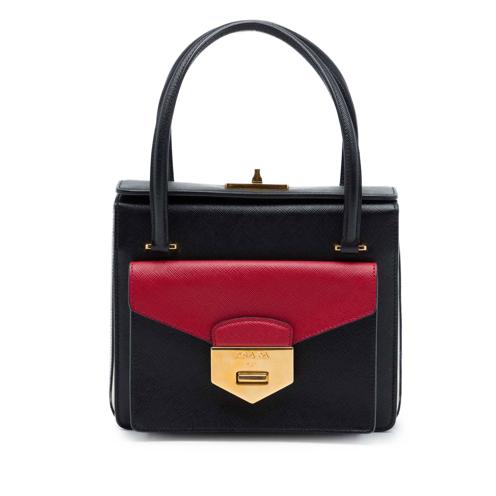 Prada Bicolor Saffiano Leather Top Handle Handbag: Prada Bicolor Saffiano Leather Top Handle Handbag Structured in saffiano leather, this Prada top handle bag features a bicolor design with rolled leather handles, a top flap with twist lock closure, a