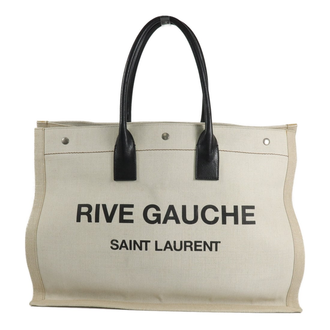 Saint Laurent Rive Gauche Large Canvas Tote 509415 White Black: Saint Laurent Rive Gauche Large Canvas Tote 509415 White Black Large Rive Gauche tote bag in white and black canvas with a spacious open-top design, hook button closure, and one inside zip pocket. Mad
