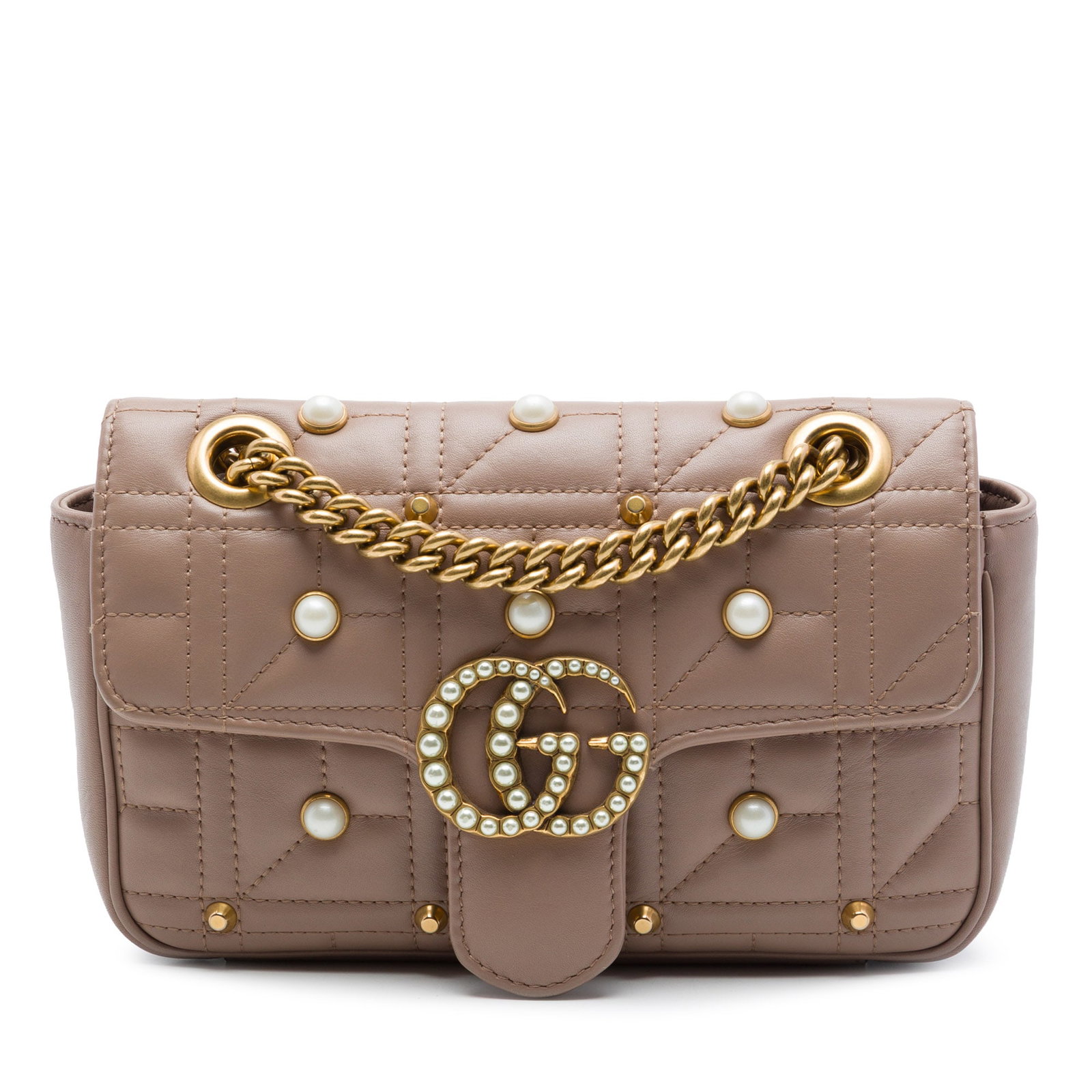 Gucci Aria GG Marmont Small Shoulder Bag Brown Calfskin Pearl Studded: Gucci Aria GG Marmont Small Shoulder Bag Brown Calfskin Pearl Studded A Gucci Small GG Marmont Aria shoulder bag crafted in quilted calf leather with faux pearl studded detailing. This flap style bag 