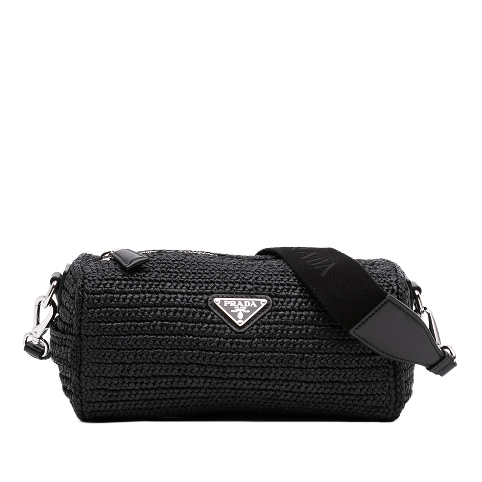 Prada Raffia Effect Crochet Bag Black Crossbody: Prada Raffia Effect Crochet Bag Black Crossbody Prada Raffia Effect Crochet Crossbody bag in black with a natural material body. It features an adjustable and detachable flat strap, a top zip closure,