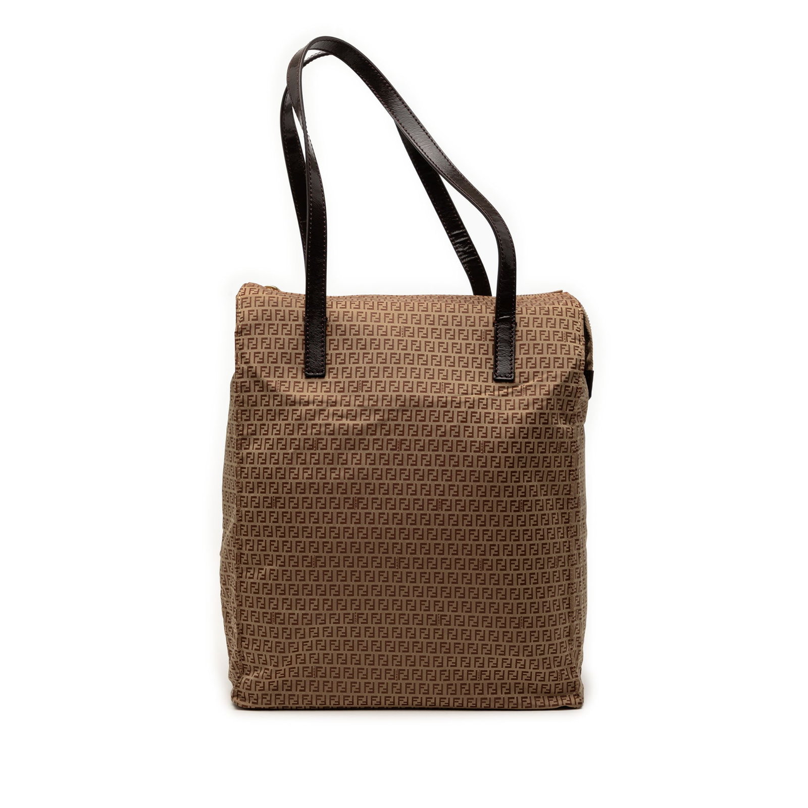 Beige Nylon Tote Bag with Leather Straps by Fendi Micro Zucchino: Beige Nylon Tote Bag with Leather Straps by Fendi Micro Zucchino This Fendi Micro Zucchino Nylon Tote features a nylon body with flat leather shoulder straps, a top zip closure, and an interior slip p