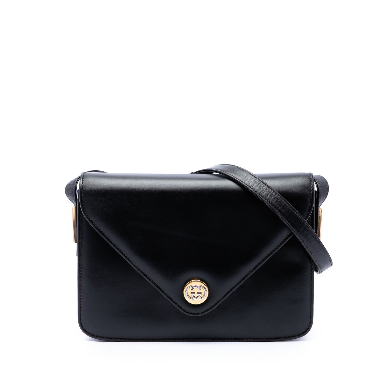Gucci Interlocking G Envelope Shoulder Bag in Black Calfskin: Gucci Interlocking G Envelope Shoulder Bag in Black Calfskin Gucci Interlocking G envelope shoulder bag crafted in black calf leather. The design features an adjustable flat leather strap, a flap with