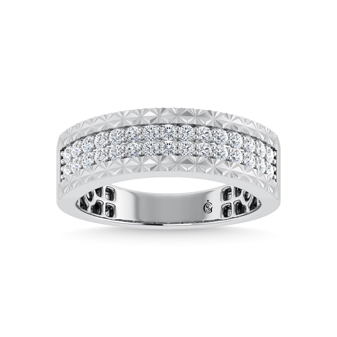 14K White Gold Diamond 1/2 Ct.Tw. Mens Band: 14K White Gold Diamond 1/2 Ct.Tw. Mens Band 14k White Gold Stone Color: G-h Stone Clarity: I1-i2 Each ring is presented in standard size 6.5. Complimentary resizing is available between sizes 510 (in 