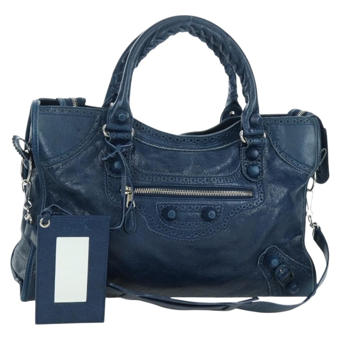Blue Leather Giant City Handbag by Balenciaga with Silver Hardware and Shoulder Strap: Blue Leather Giant City Handbag by Balenciaga with Silver Hardware and Shoulder Strap This Balenciaga Giant City handbag is crafted from blue leather with silver-tone accents and is designed for versa