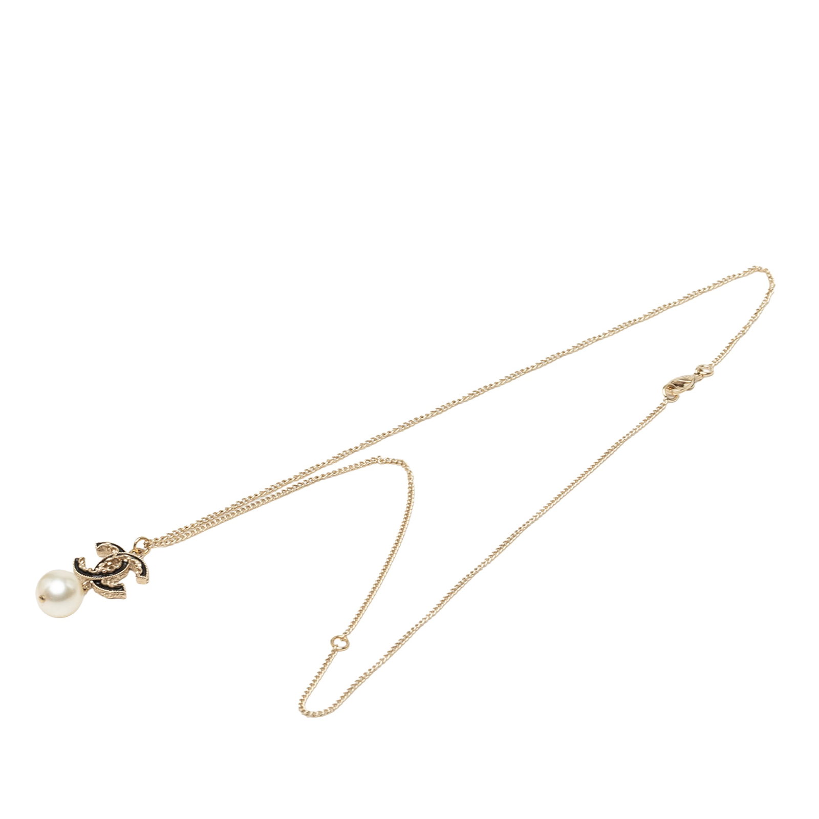 Chanel CC Baroque Faux Pearl Pendant Necklace Gold Plated: Chanel CC Baroque Faux Pearl Pendant Necklace Gold Plated Chanel pendant necklace featuring a gold-plated design with an enamel CC motif and faux pearl detail. Finished with a lobster clasp closure. C