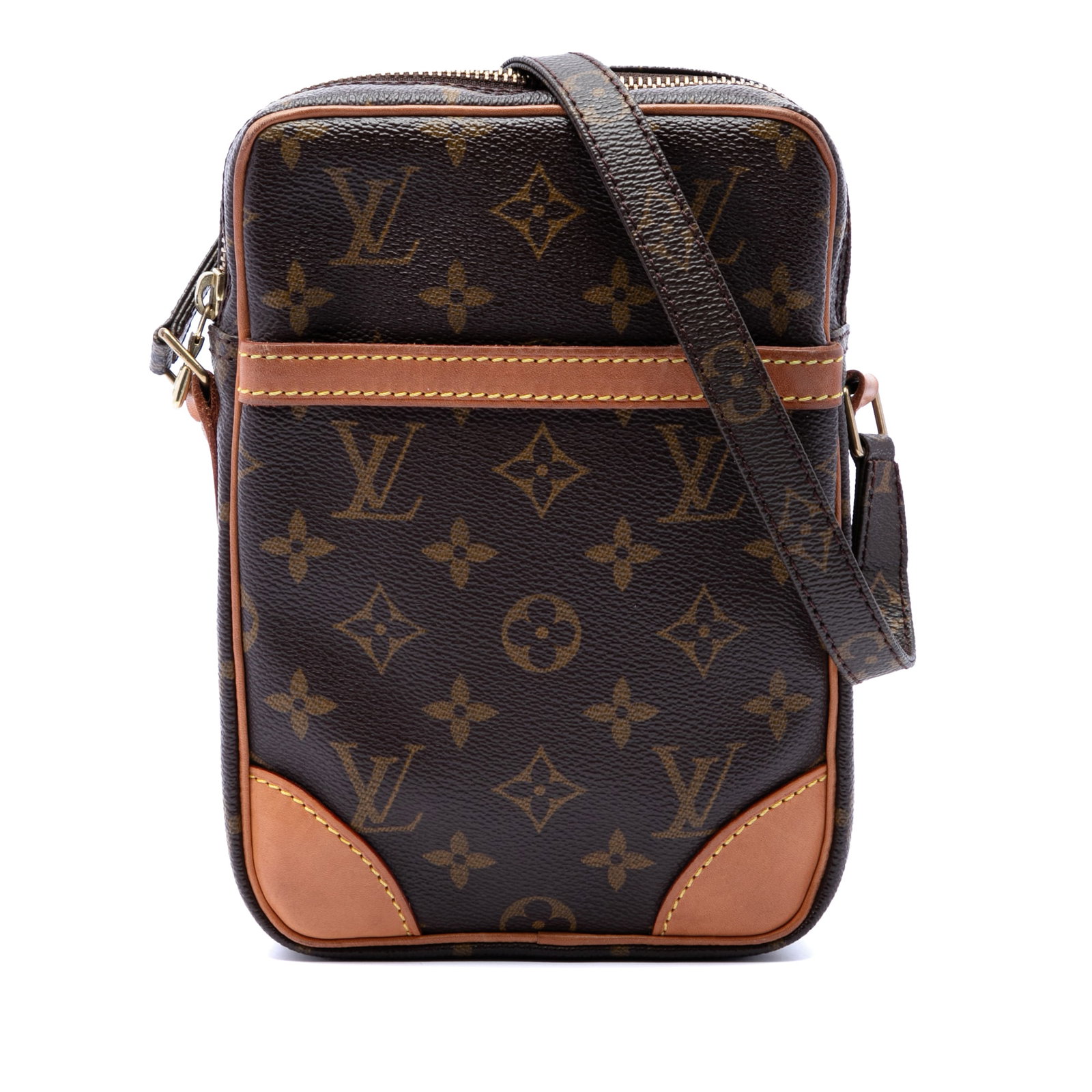 Louis Vuitton Danube Monogram Shoulder Bag Brown Canvas: Louis Vuitton Danube Monogram Shoulder Bag Brown Canvas Louis Vuitton Monogram Danube shoulder bag crafted with a monogram canvas body and vachetta leather trim. It features an adjustable shoulder str
