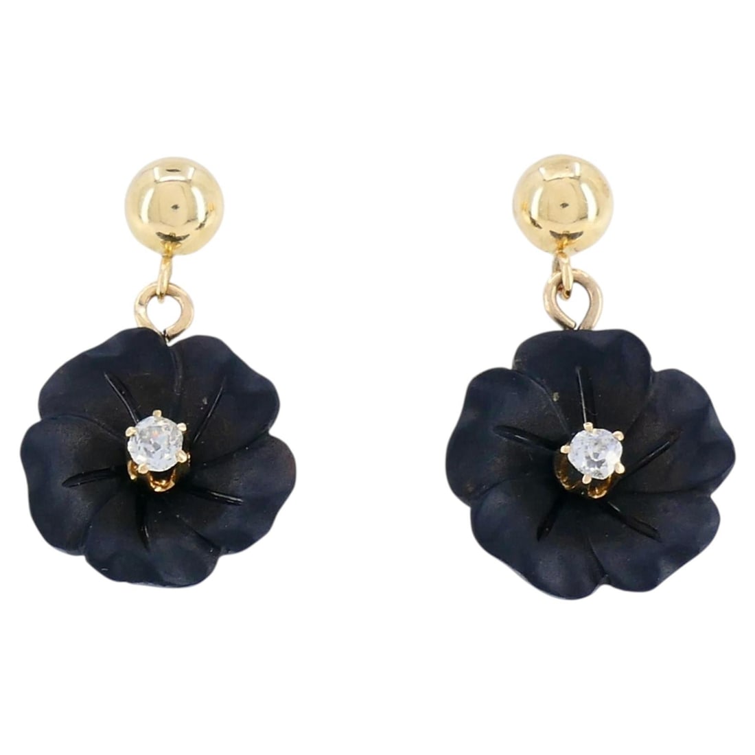 Vintage 14k Gold Drop Earrings with Black Onyx Flowers and Diamonds: Vintage 14k Gold Drop Earrings with Black Onyx Flowers and Diamonds Vintage 14k yellow gold drop earrings with carved black onyx flower drops and round diamond centers. The floral onyx elements are su