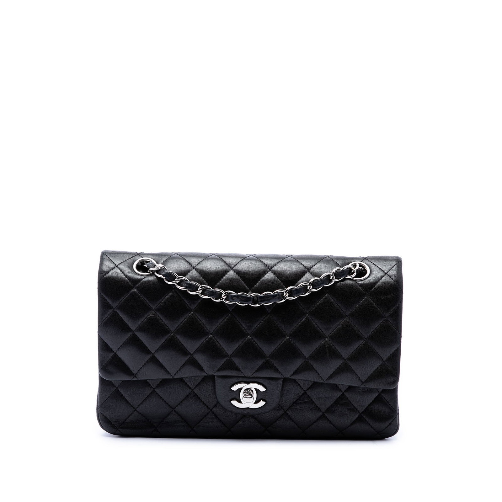 Chanel Medium Classic Double Flap Shoulder Bag Black Lambskin: Chanel Medium Classic Double Flap Shoulder Bag Black Lambskin Classic Chanel shoulder bag crafted in quilted lambskin leather with the iconic double flap design. It features leather-woven chain straps