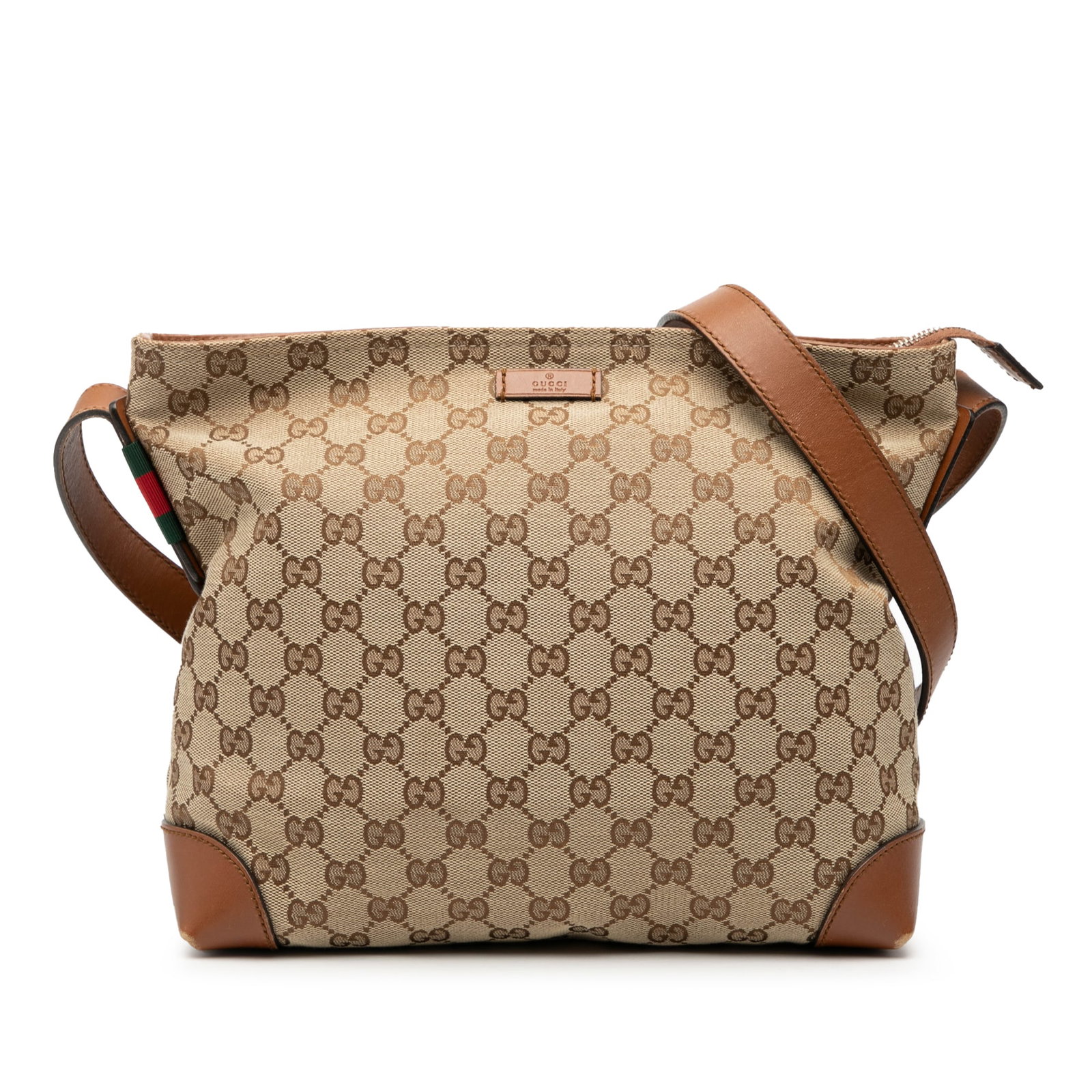 Gucci GG Canvas Web Beige Crossbody Bag with Leather Trim: Gucci GG Canvas Web Beige Crossbody Bag with Leather Trim This Gucci GG Canvas Web Crossbody bag features a beige canvas body accented with leather trim, an adjustable flat leather strap, a top zip cl