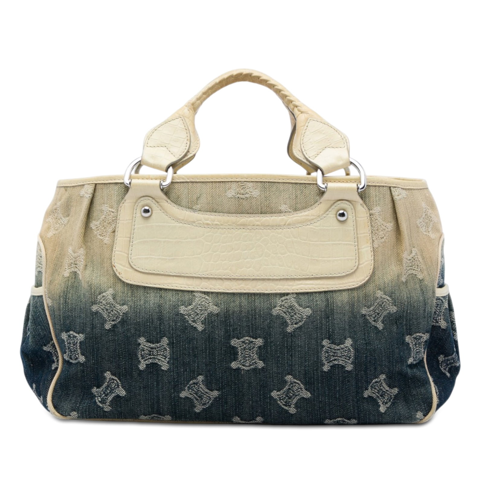 Celine Boogie Macadam Ombre Denim Handbag with Leather Trim: Celine Boogie Macadam Ombre Denim Handbag with Leather Trim A Celine Boogie handbag in blue denim with leather trim, featuring rolled leather handles, an open top, exterior side slip pockets, an inter
