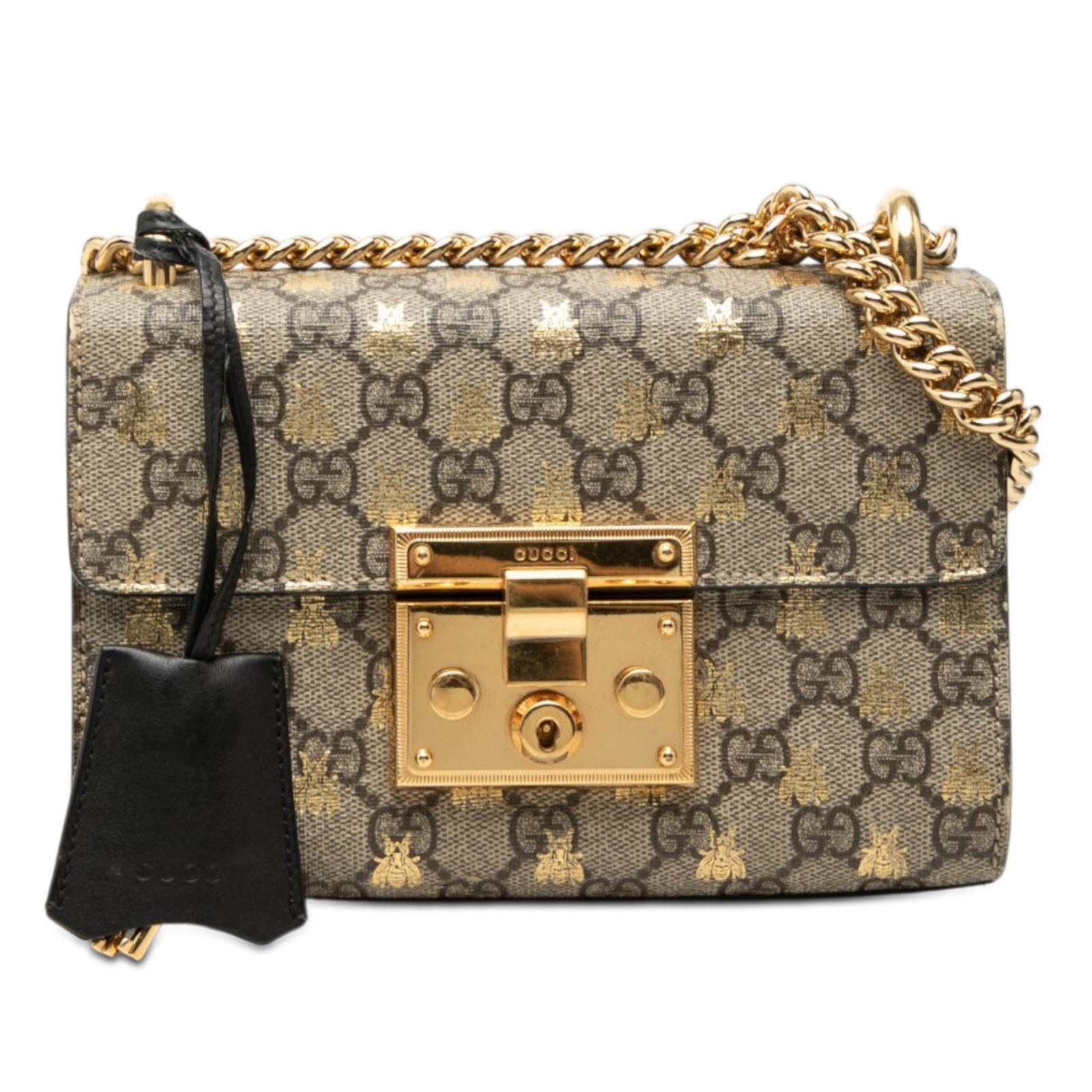 Gucci Padlock Small GG Supreme Bee Crossbody Bag: Gucci Padlock Small GG Supreme Bee Crossbody Bag Gucci Small GG Supreme Bee Padlock Crossbody in beige fabric with a printed coated canvas body and gold-tone chain link straps. The bag features a fron