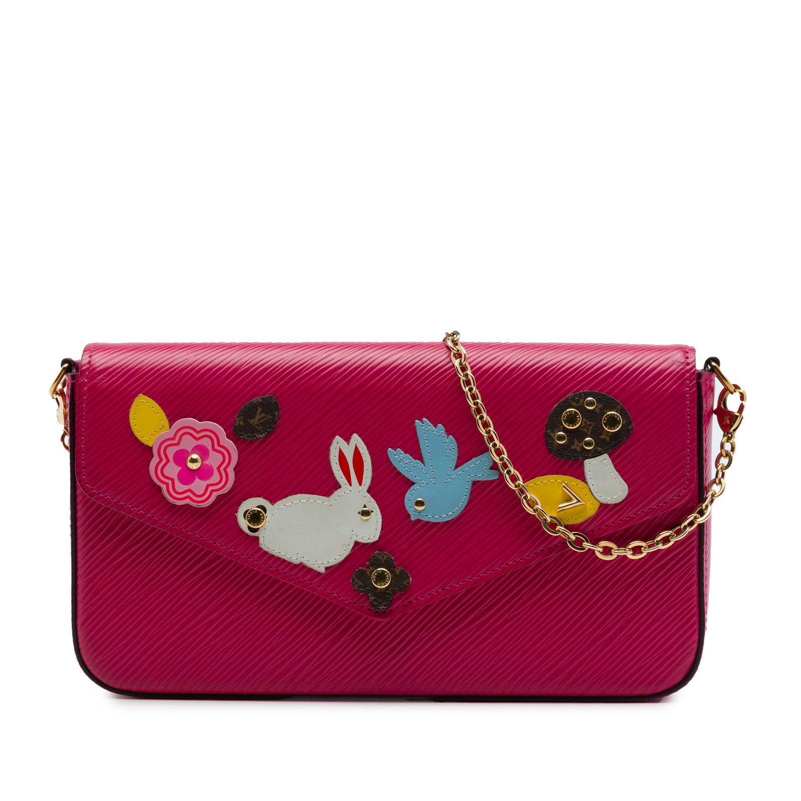 Louis Vuitton Epi Pochette Felicie Patchwork Leather Chain Bag: Louis Vuitton Epi Pochette Felicie Patchwork Leather Chain Bag Louis Vuitton Epi Pochette Felicie Patchwork in pink leather with patch details. This bag features a detachable chain strap, a flap with 