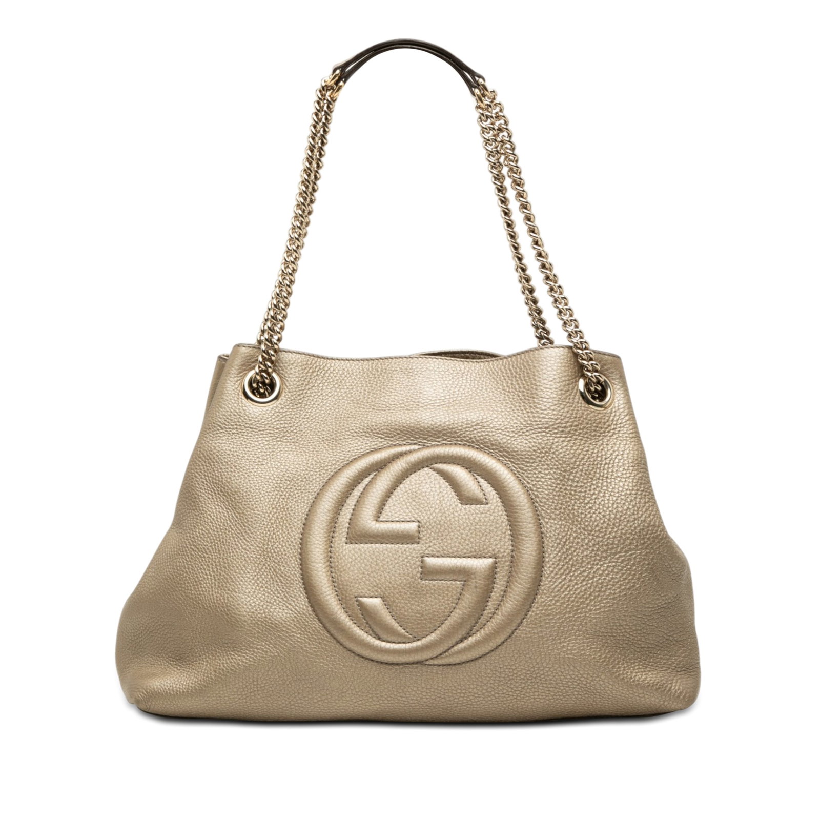 Gucci Soho Chain Tote Medium Metallic Calfskin Leather Bag: Gucci Soho Chain Tote Medium Metallic Calfskin Leather Bag A Gucci Soho Chain tote crafted in metallic calfskin leather with curb chain straps and leather shoulder guards. The bag features an open top