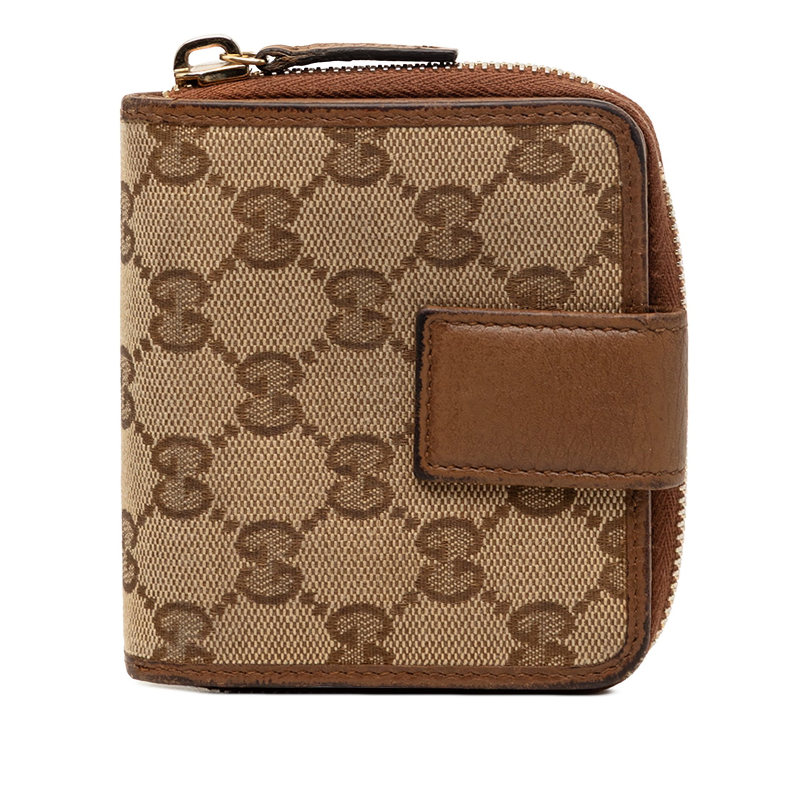 Gucci GG Canvas Small Bifold Wallet with Zip Pocket: Gucci GG Canvas Small Bifold Wallet with Zip Pocket Small bifold wallet in beige GG canvas with leather trim. It features a strap with snap button closure, an exterior back zip compartment, and interi