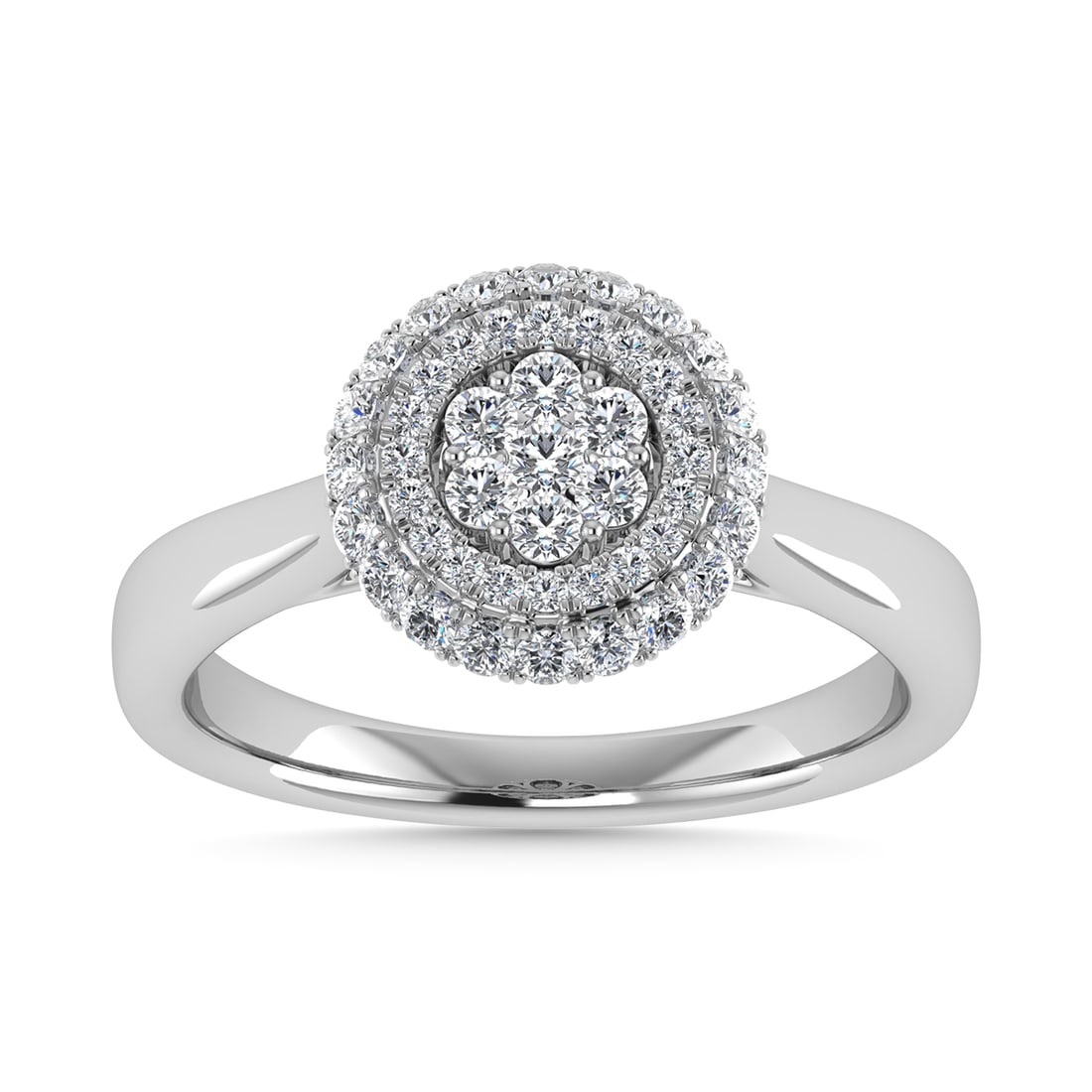 Diamond 1/2 Ct.Tw. Cluster Fashion Ring in 14K White Gold: Diamond 1/2 Ct.Tw. Cluster Fashion Ring in 14K White Gold 14k White Gold Stone Color: G-h Stone Clarity: I1 Each ring is presented in standard size 6.5. Complimentary resizing is available between siz