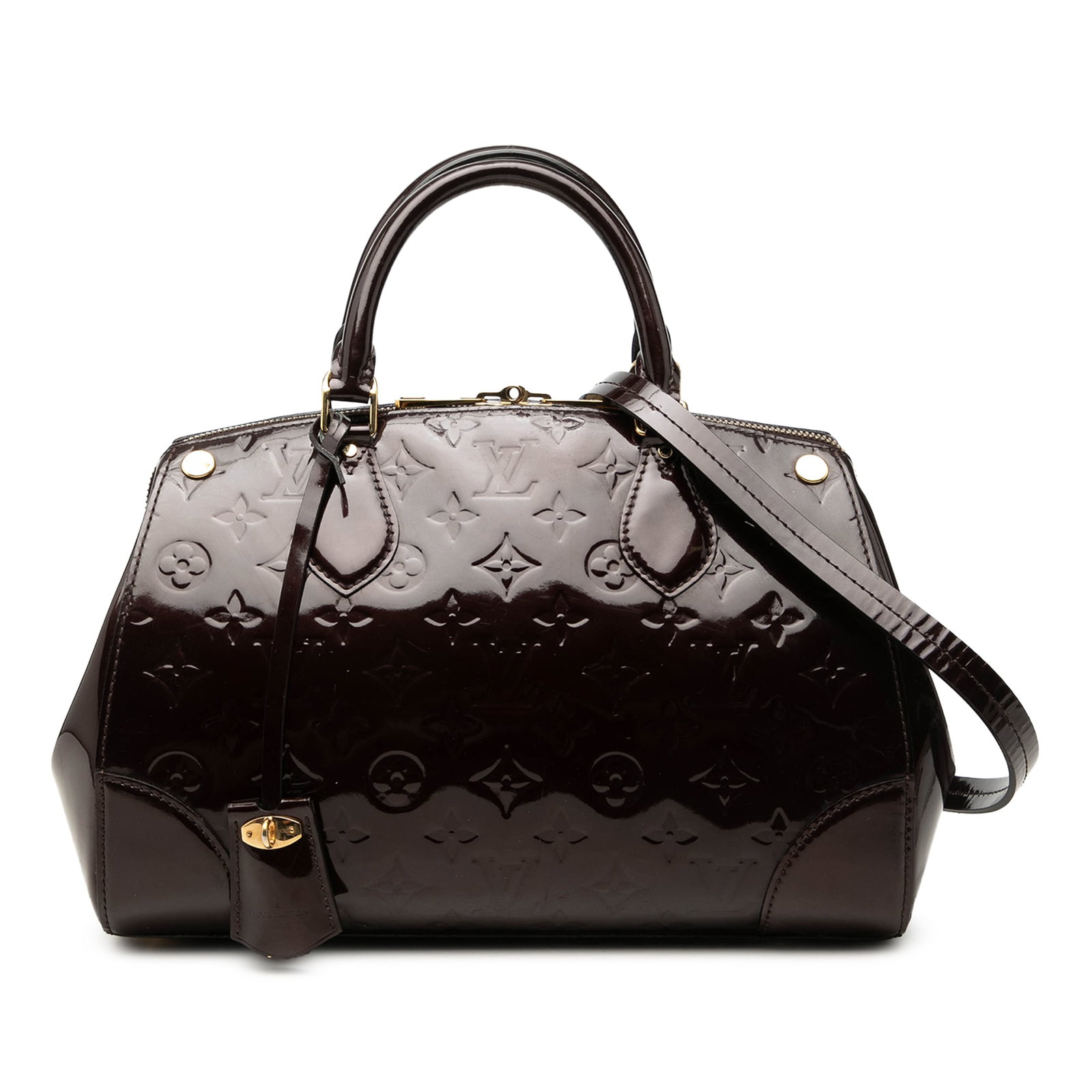 Louis Vuitton Santa Monica Monogram Vernis Leather Handbag: Louis Vuitton Santa Monica Monogram Vernis Leather Handbag A Louis Vuitton Monogram Vernis Santa Monica bag crafted in purple leather. It features rolled leather handles, a detachable flat leather str