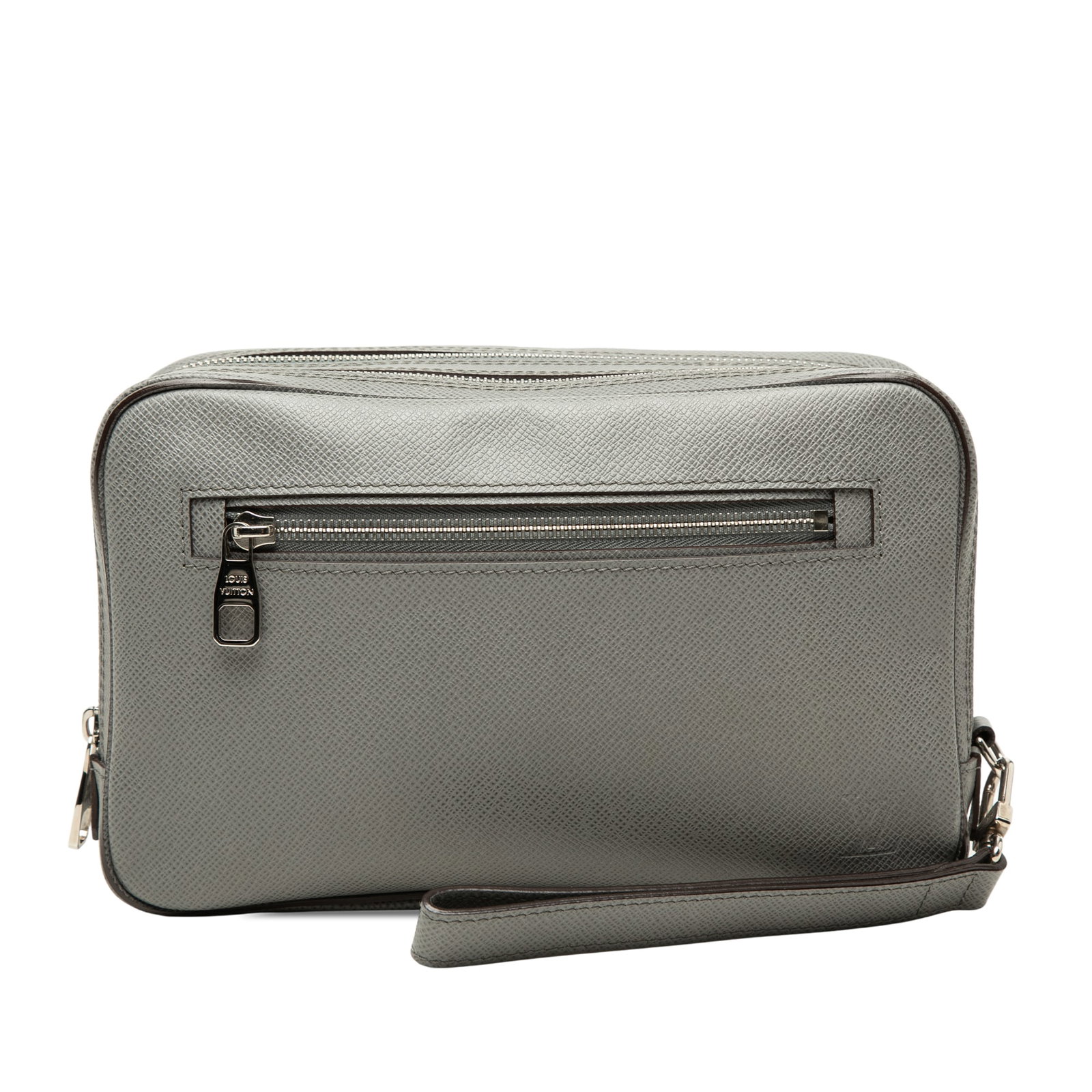 Louis Vuitton Taiga Kasai Leather Wristlet Clutch Gray: Louis Vuitton Taiga Kasai Leather Wristlet Clutch Gray Louis Vuitton Taiga Kasai bag in gray leather with a detachable wrist strap, dual top zip closures, an exterior zip pocket, and interior slip poc