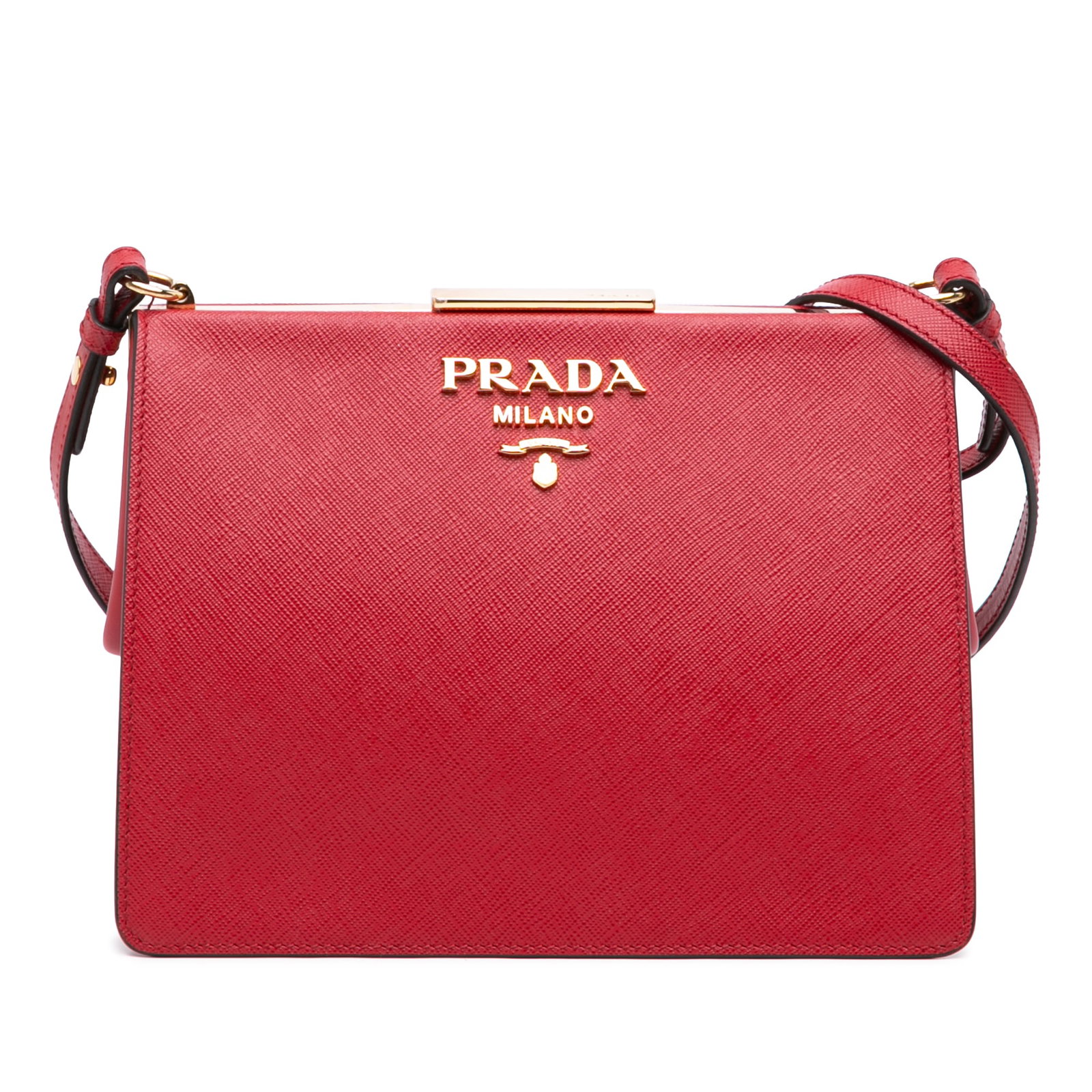 Prada Light Frame Crossbody Bag Saffiano City Calf Leather Red: Prada Light Frame Crossbody Bag Saffiano City Calf Leather Red This Prada Light Frame crossbody is crafted from saffiano and city calf leather in red. It features a structured frame top with a metal c