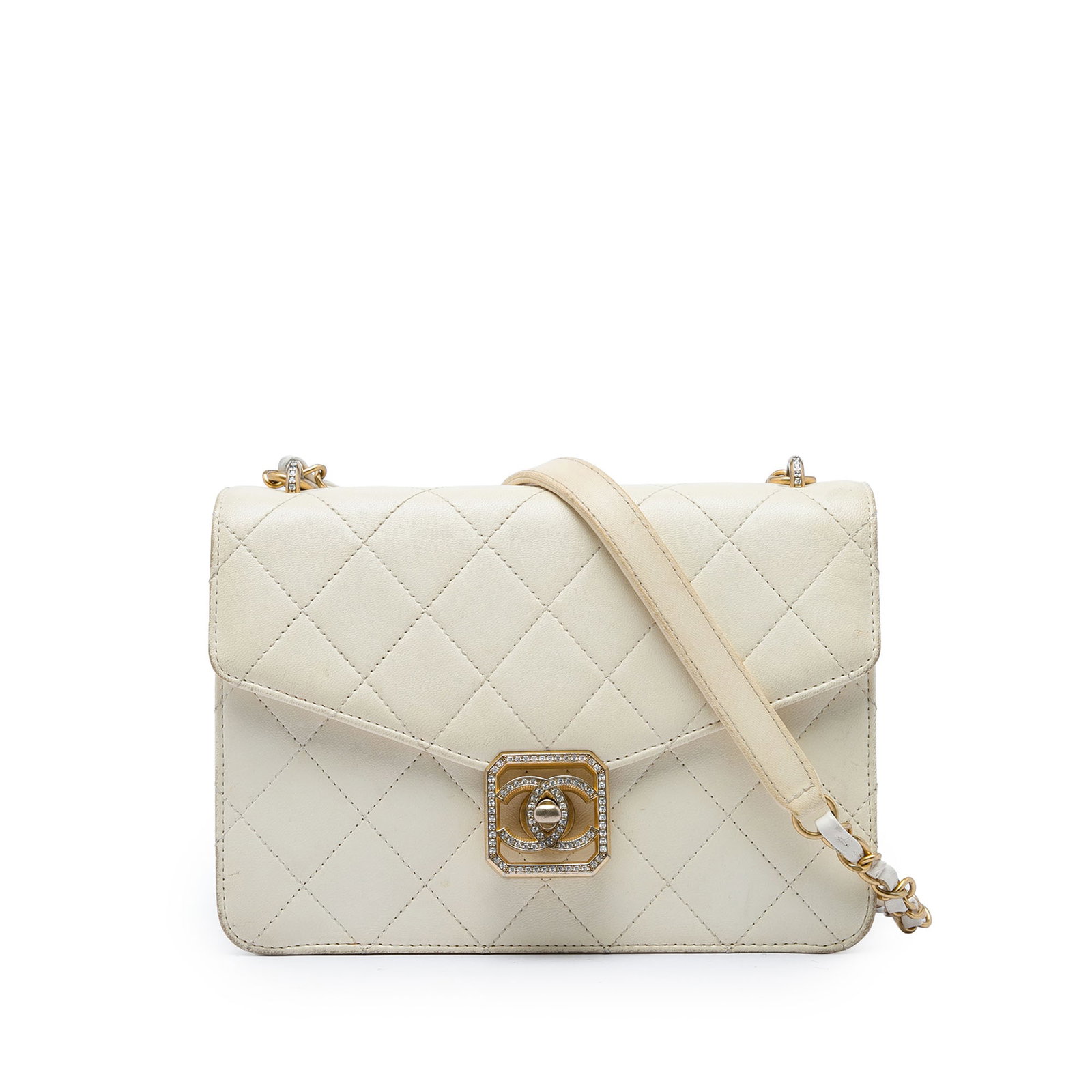 Chanel Crystal CC Frame Flap White Quilted Lambskin Bag: Chanel Crystal CC Frame Flap White Quilted Lambskin Bag A Chanel frame flap bag crafted in quilted lambskin leather with a geometric CC turn-lock closure embellished with crystals. This white bag feat