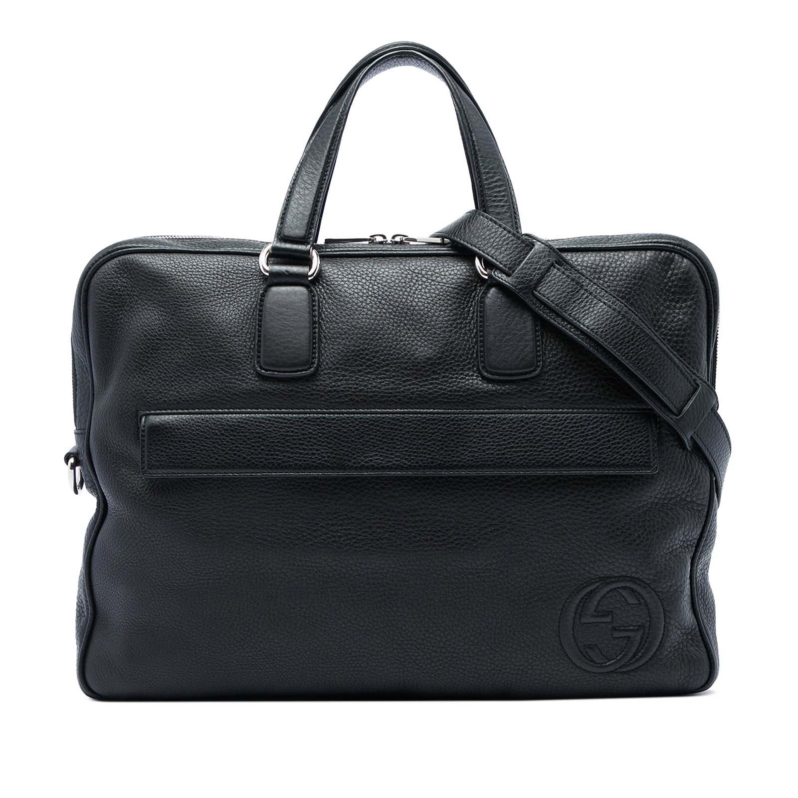 Gucci Soho Calfskin Leather Briefcase Black Detachable Strap: Gucci Soho Calfskin Leather Briefcase Black Detachable Strap Gucci Soho briefcase in black calfskin leather with a structured business-ready design. It features flat top handles, a detachable strap, a