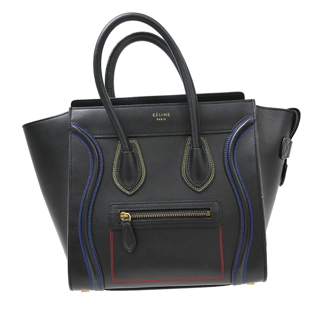 CELINE Luggage Micro Leather Top Handle Bag Black Italy: CELINE Luggage Micro Leather Top Handle Bag Black Italy Celine Luggage Micro tote handbag in black leather with double handles and logo accent. This women's top handle bag features a structured silhou