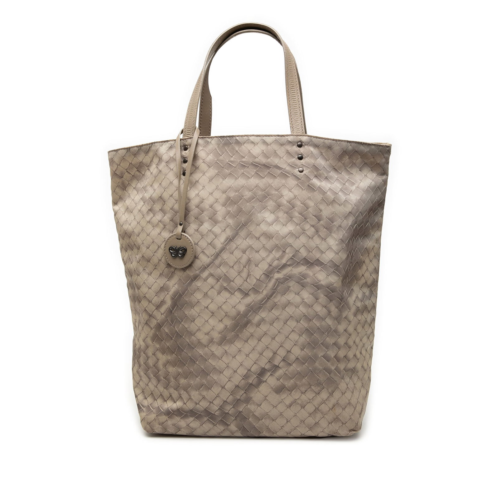 Nylon Tote Bag with Leather Straps by Bottega Veneta Intrecciolusion: Nylon Tote Bag with Leather Straps by Bottega Veneta Intrecciolusion This Bottega Veneta Nylon Intrecciolusion Tote features a durable nylon body with signature intrecciolusion detailing and flat leat