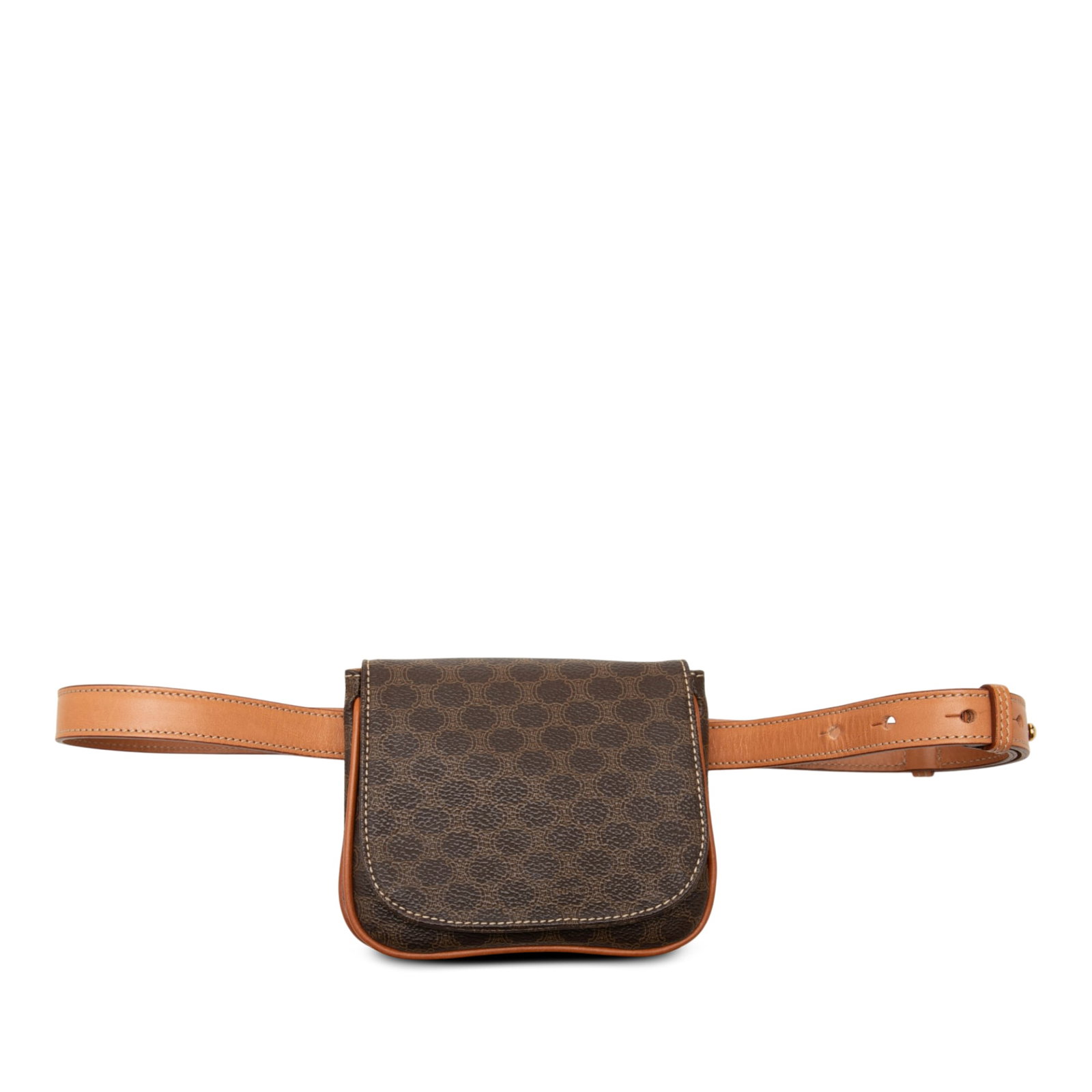 Celine Macadam Waist Bag in Coated Canvas and Leather: Celine Macadam Waist Bag in Coated Canvas and Leather Celine Macadam belt bag crafted with a coated canvas body and leather trim. It features an adjustable flat leather waist strap, a front flap with 