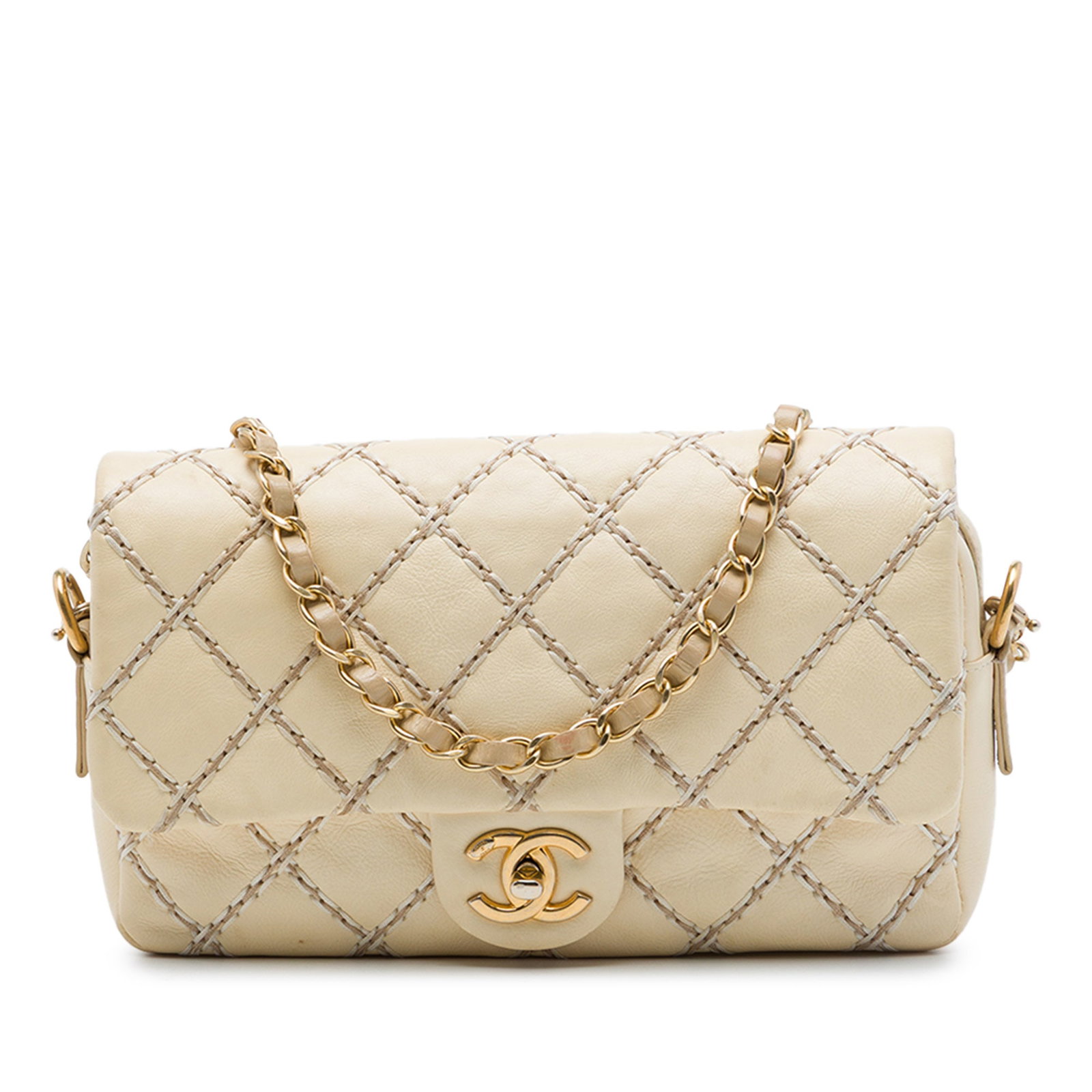 Chanel Wild Stitch Flap Crossbody Bag Quilted Calfskin Beige: Chanel Wild Stitch Flap Crossbody Bag Quilted Calfskin Beige Chanel CC Quilted Calfskin Wild Stitch Flap crossbody bag in beige leather. This flap-style bag features a quilted leather body, a leather-