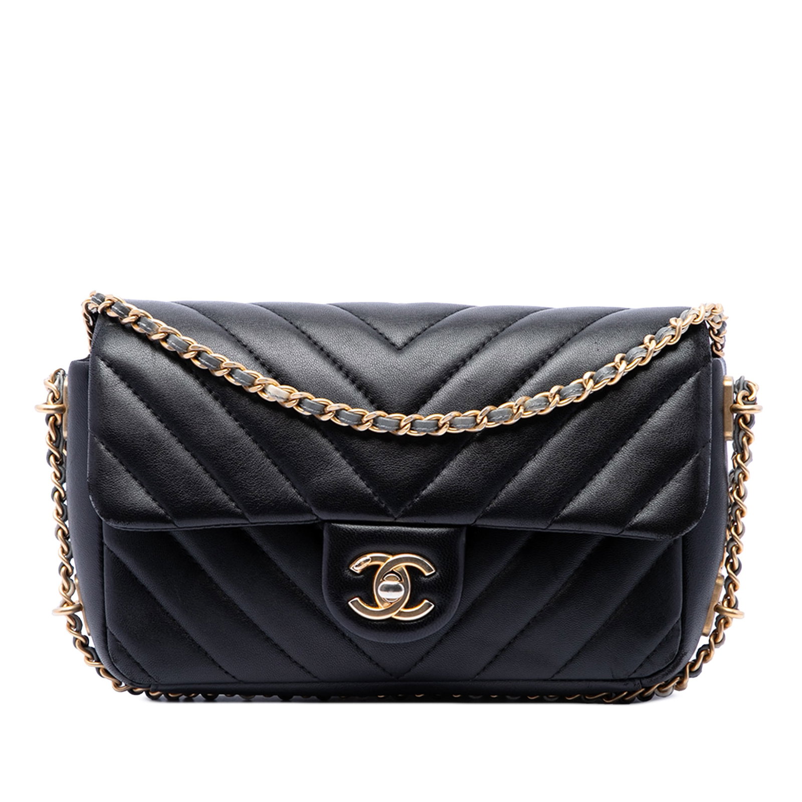 Chanel Mini Rectangular Chain Around Flap Chevron Lambskin Crossbody: Chanel Mini Rectangular Chain Around Flap Chevron Lambskin Crossbody Mini rectangular crossbody bag in black chevron quilted lambskin leather with a leather-woven chain shoulder strap and leather guar