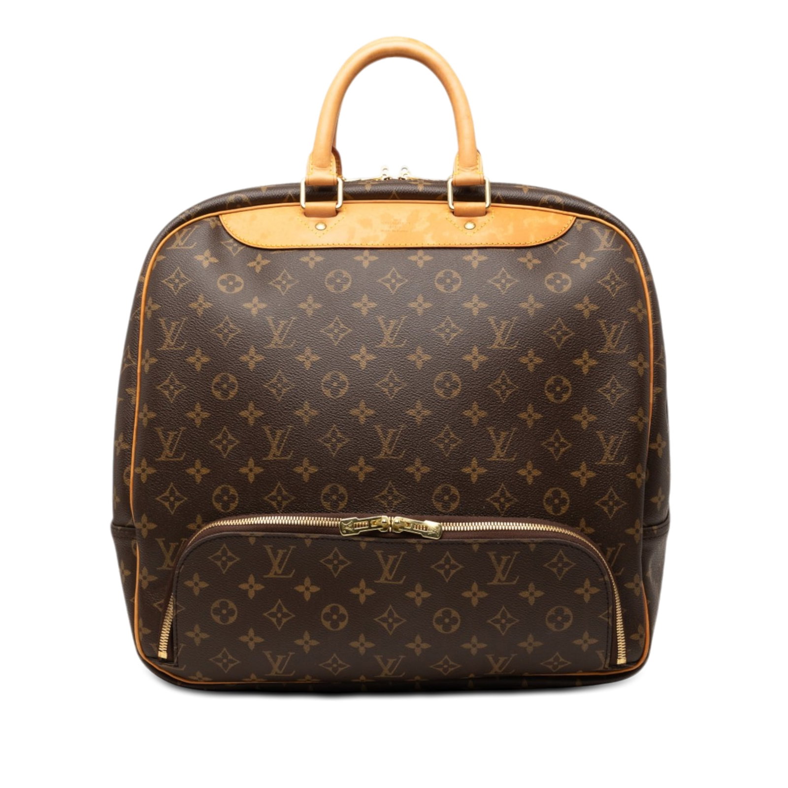 Louis Vuitton Evasion Monogram Canvas Handbag Brown: Louis Vuitton Evasion Monogram Canvas Handbag Brown Louis Vuitton Monogram Evasion bag crafted with a monogram canvas body and rolled vachetta leather handles. It features a top zip closure, an exteri