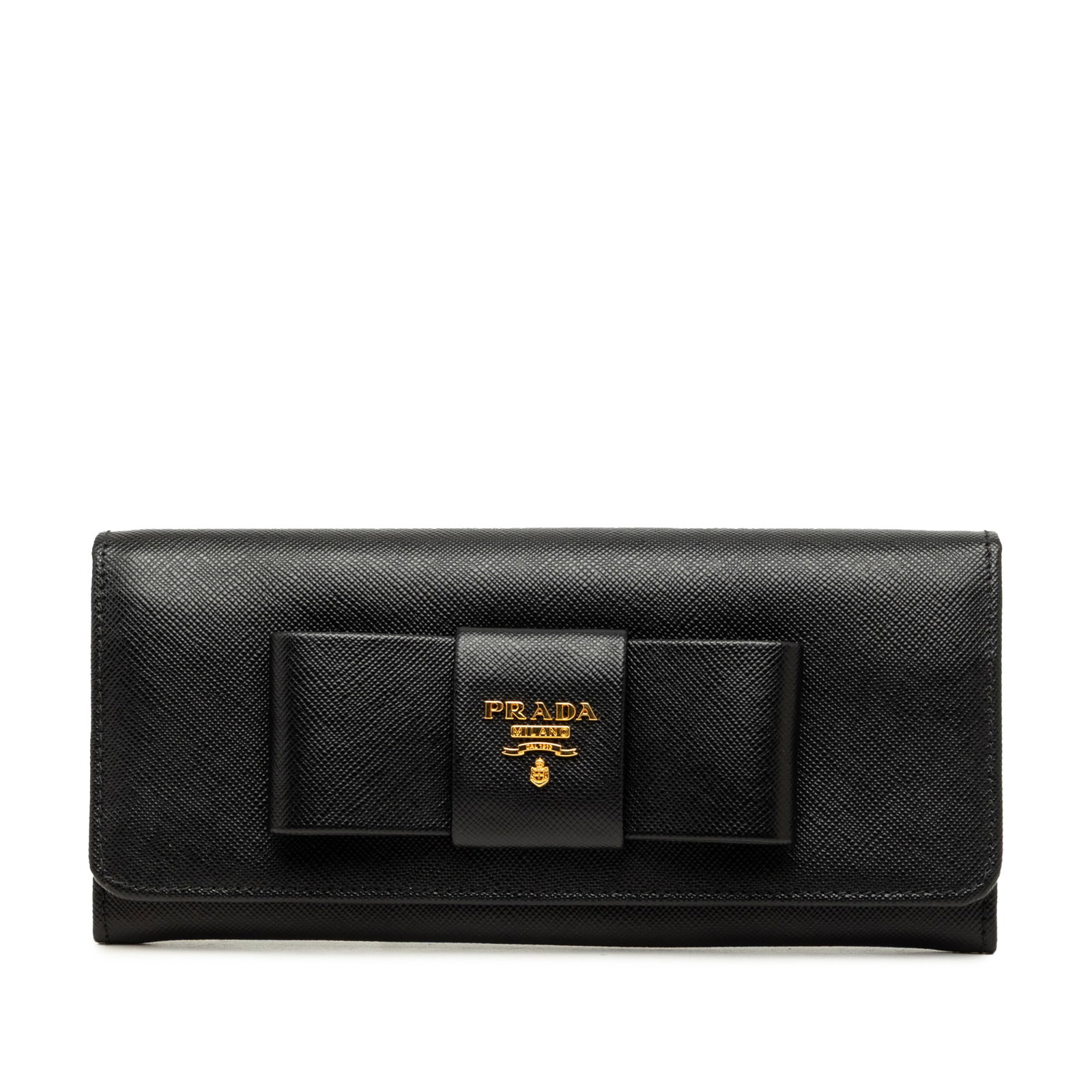 Prada Saffiano Lux Bow Leather Continental Wallet Black: Prada Saffiano Lux Bow Leather Continental Wallet Black Prada Saffiano Lux Bow Continental Wallet in black leather with front bow detailing and a continental silhouette. The design features a front fl