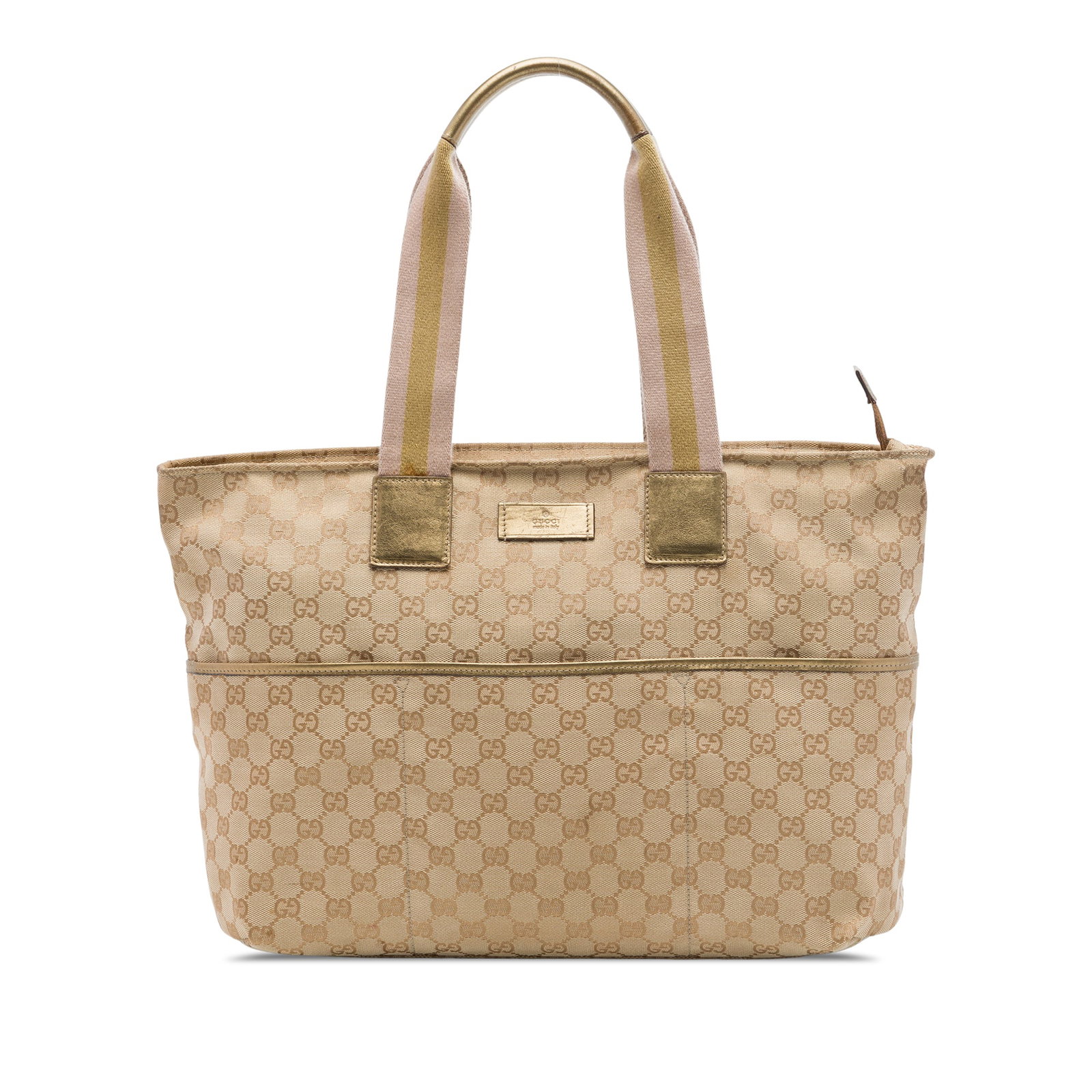 Gucci GG Canvas Tote Bag with Web Straps Beige: Gucci GG Canvas Tote Bag with Web Straps Beige Gucci GG Canvas Web Tote with a canvas body, rolled web shoulder straps, top zip closure, exterior slip pockets, and an interior zip pocket. Made in Ital