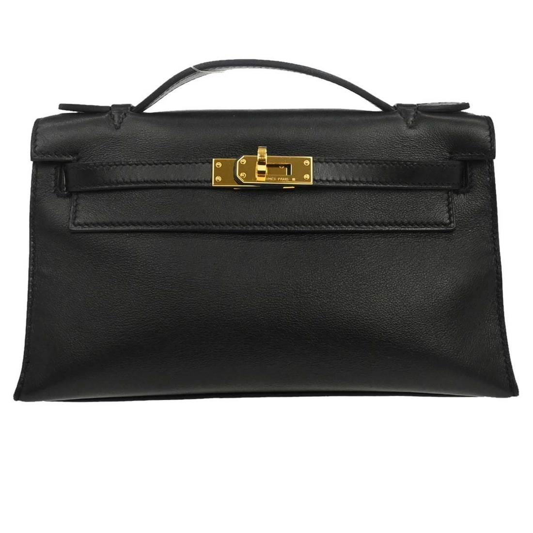 Hermes Kelly Pochette Black Swift Leather Top Handle Bag: Hermes Kelly Pochette Black Swift Leather Top Handle Bag Hermes Kelly Pochette handbag in black Swift leather with a top handle and turn-lock closure. This small pouch-style bag features a leather lin