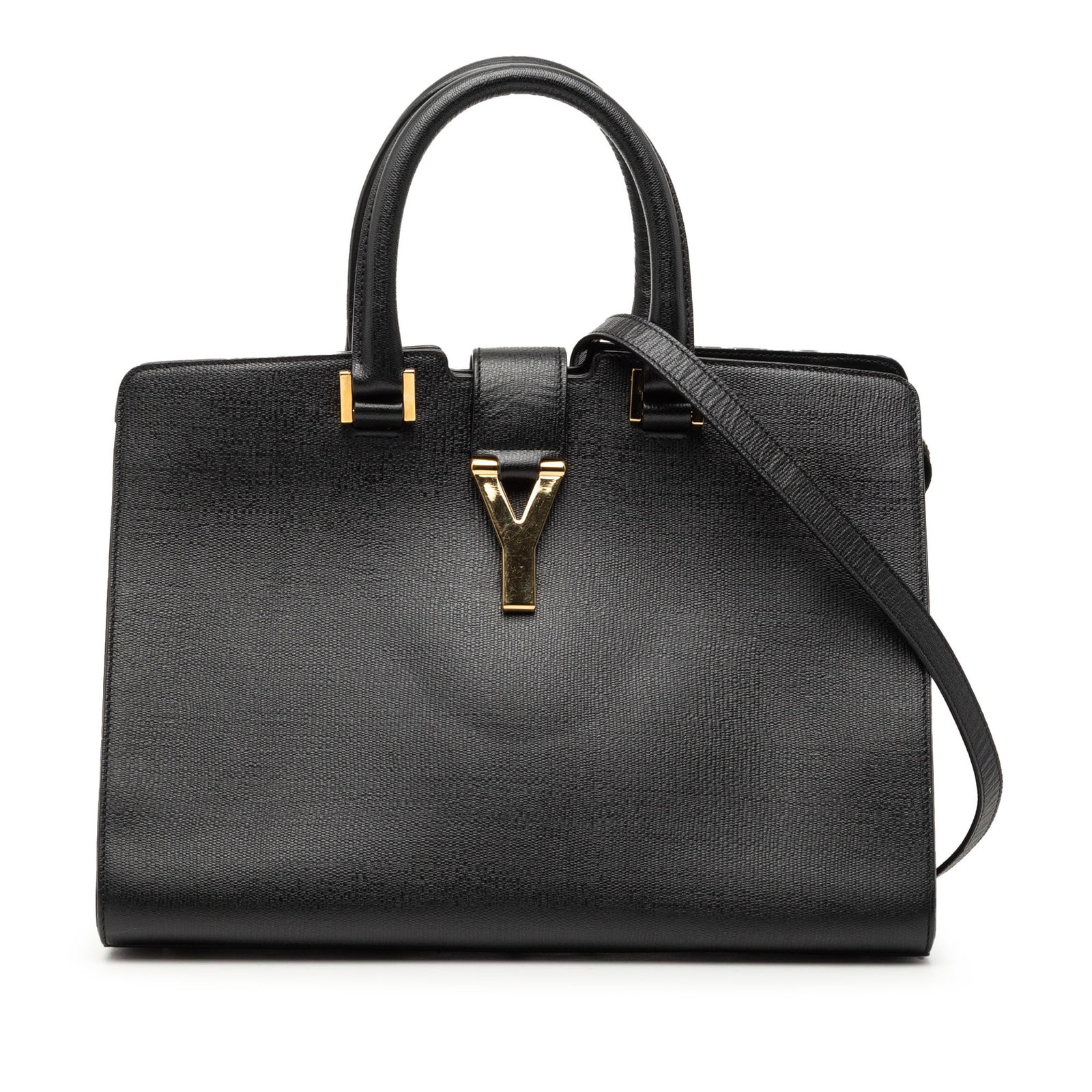 Saint Laurent Cabas Chyc Small Black Textured Leather Satchel with Strap: Saint Laurent Cabas Chyc Small Black Textured Leather Satchel with Strap This Saint Laurent Small Cabas Chyc satchel is crafted from textured black leather. It features rolled leather handles, a detac