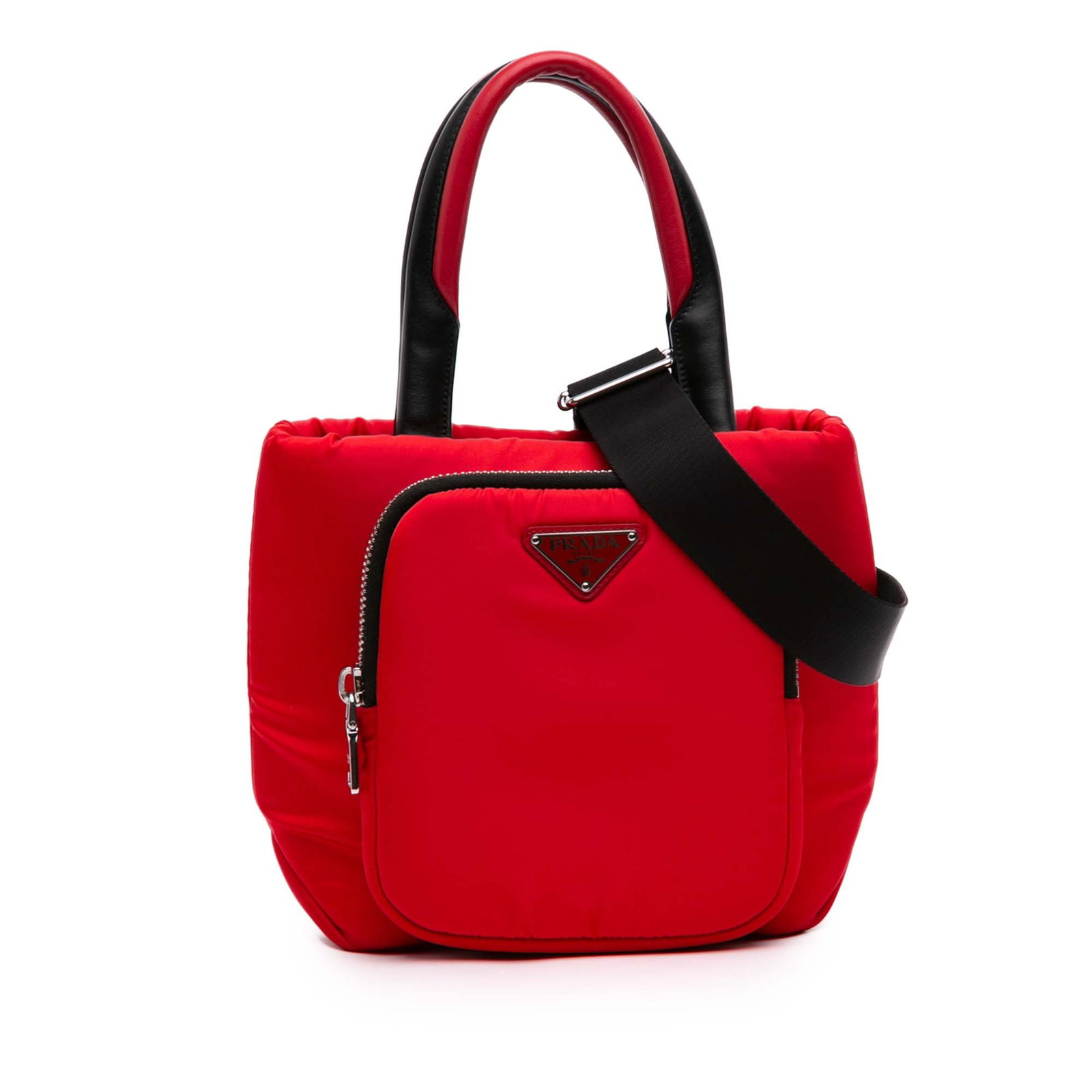 Prada Tessuto Pocket Cargo Small Red Nylon Tote Bag: Prada Tessuto Pocket Cargo Small Red Nylon Tote Bag A compact Prada tote crafted with a nylon body, rolled leather top handles, and a flat canvas shoulder strap. The design includes a top zip closure 